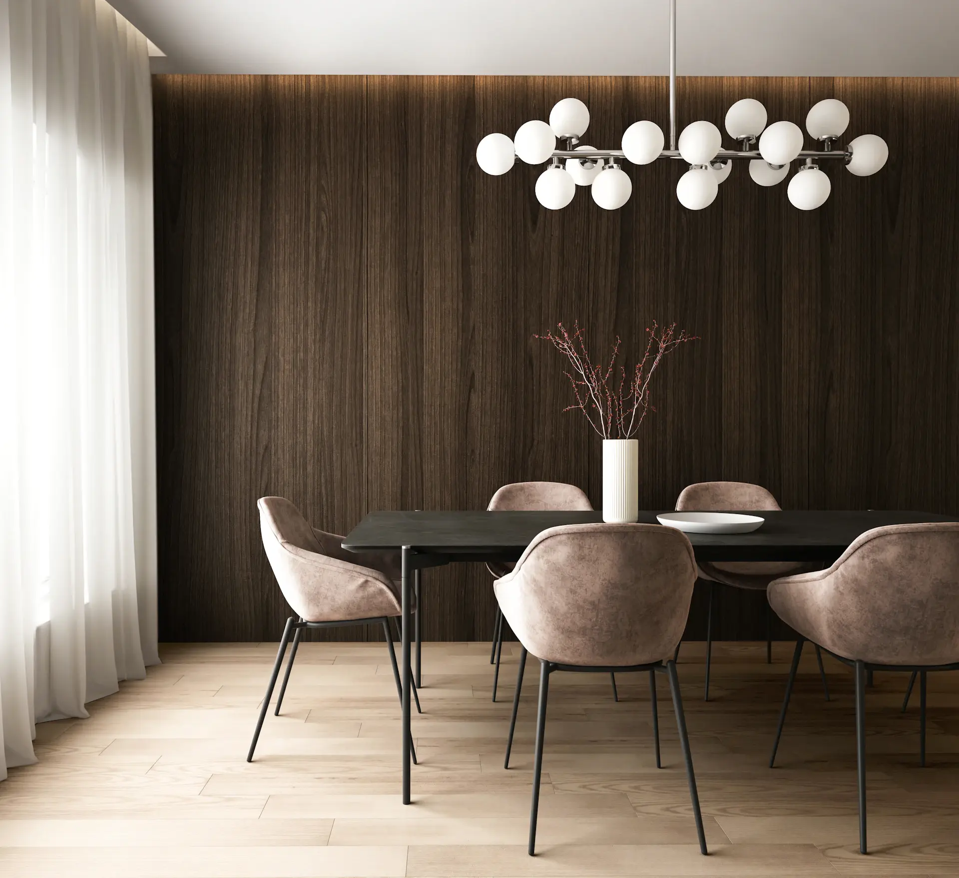 Long dining table set in a sunlit room