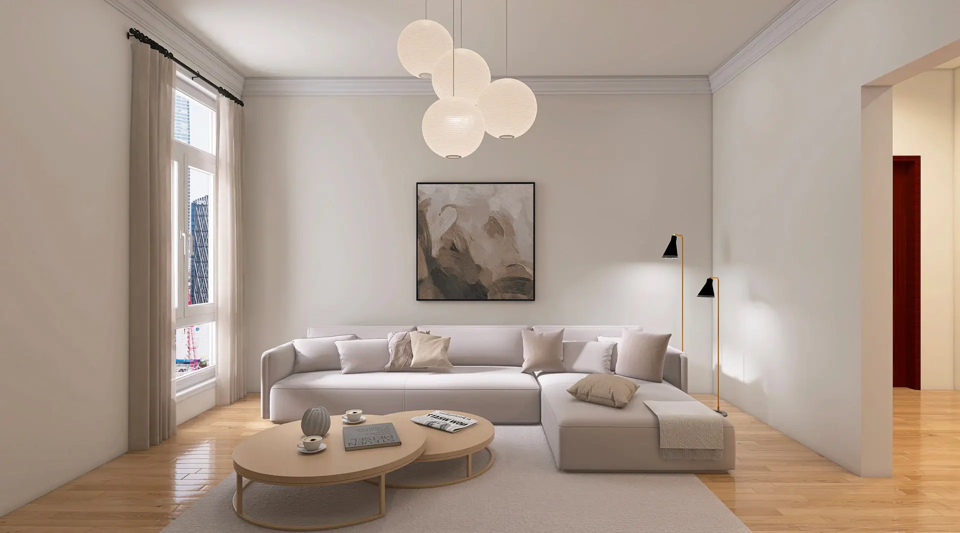 Phòng khách warm minimalism với ánh nắng chiều và sofa kem