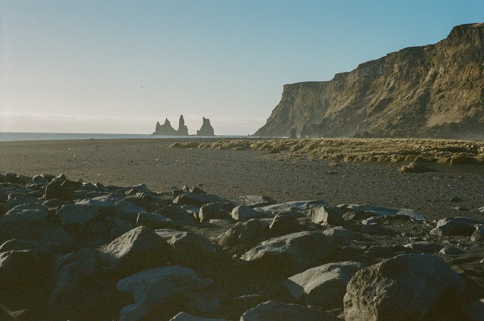 Wide volcanic coastline of Iceland under a pale northern sky