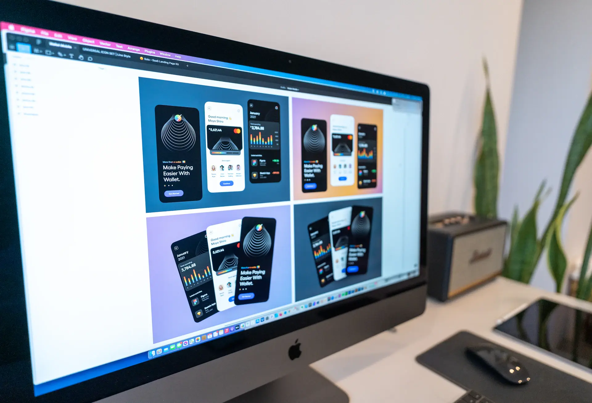 UX/UI design system and interface mockups on screen