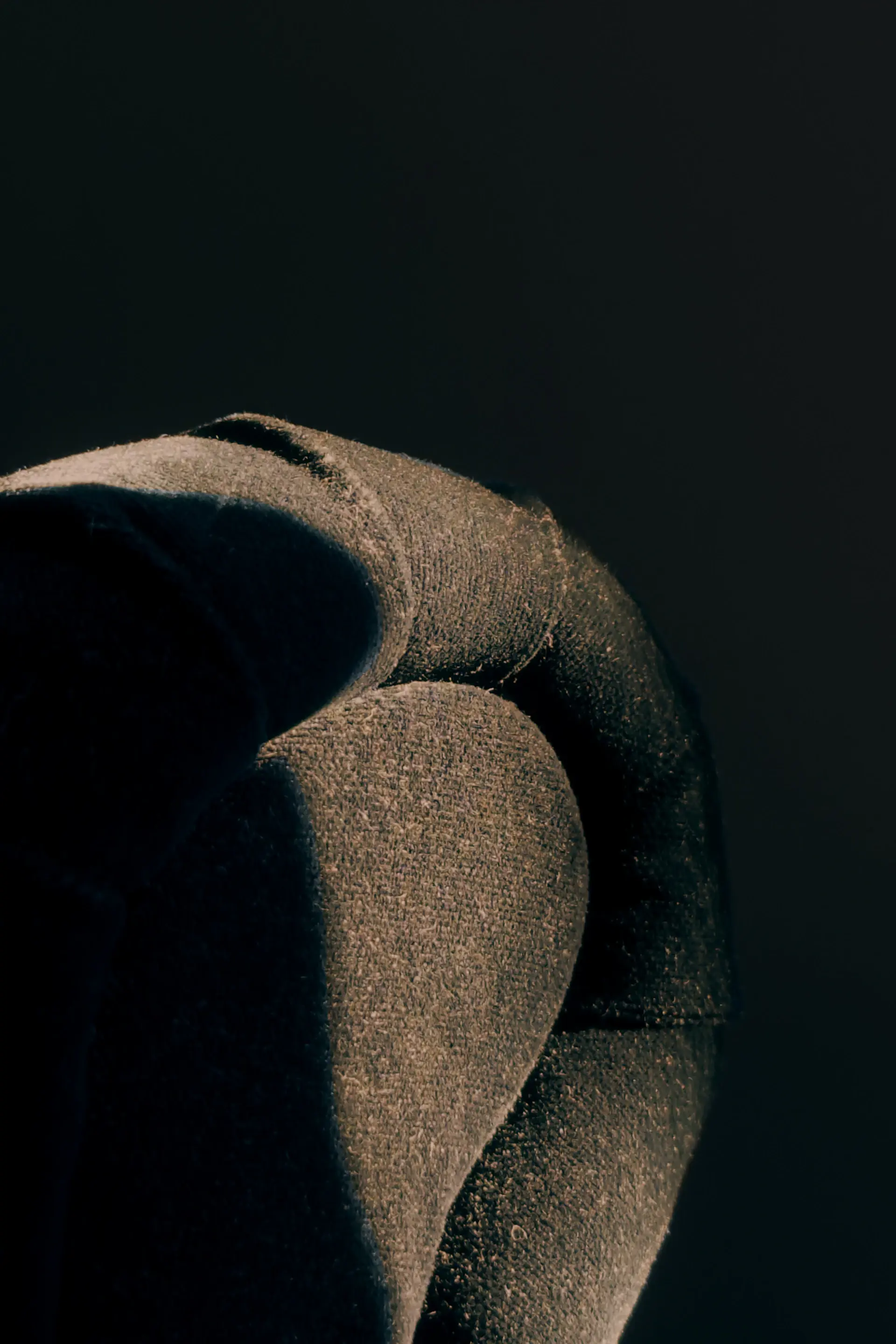 A tall, atmospheric detail of bespoke material and interior craftsmanship in deep tones