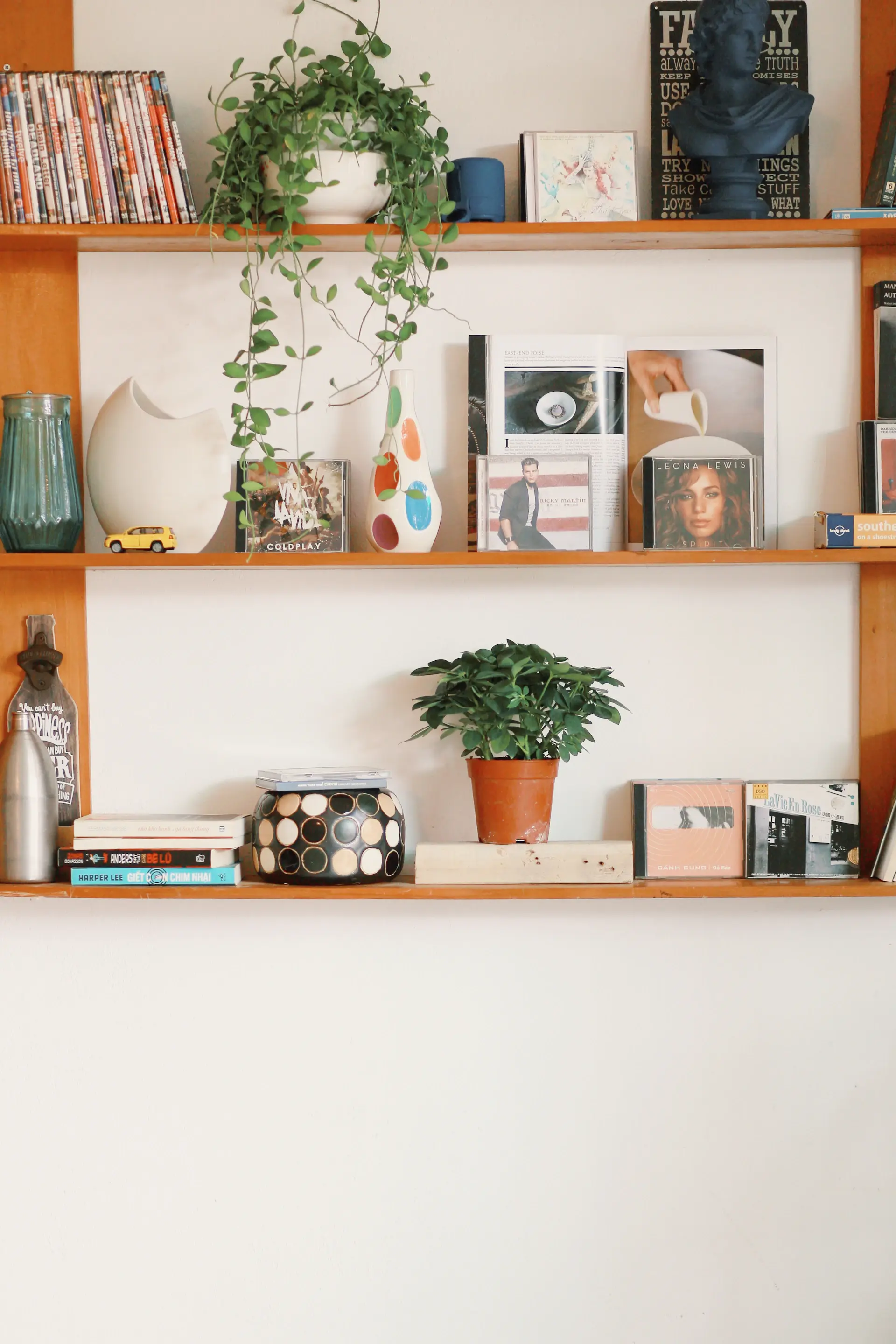Open shelf styled with trailing plants