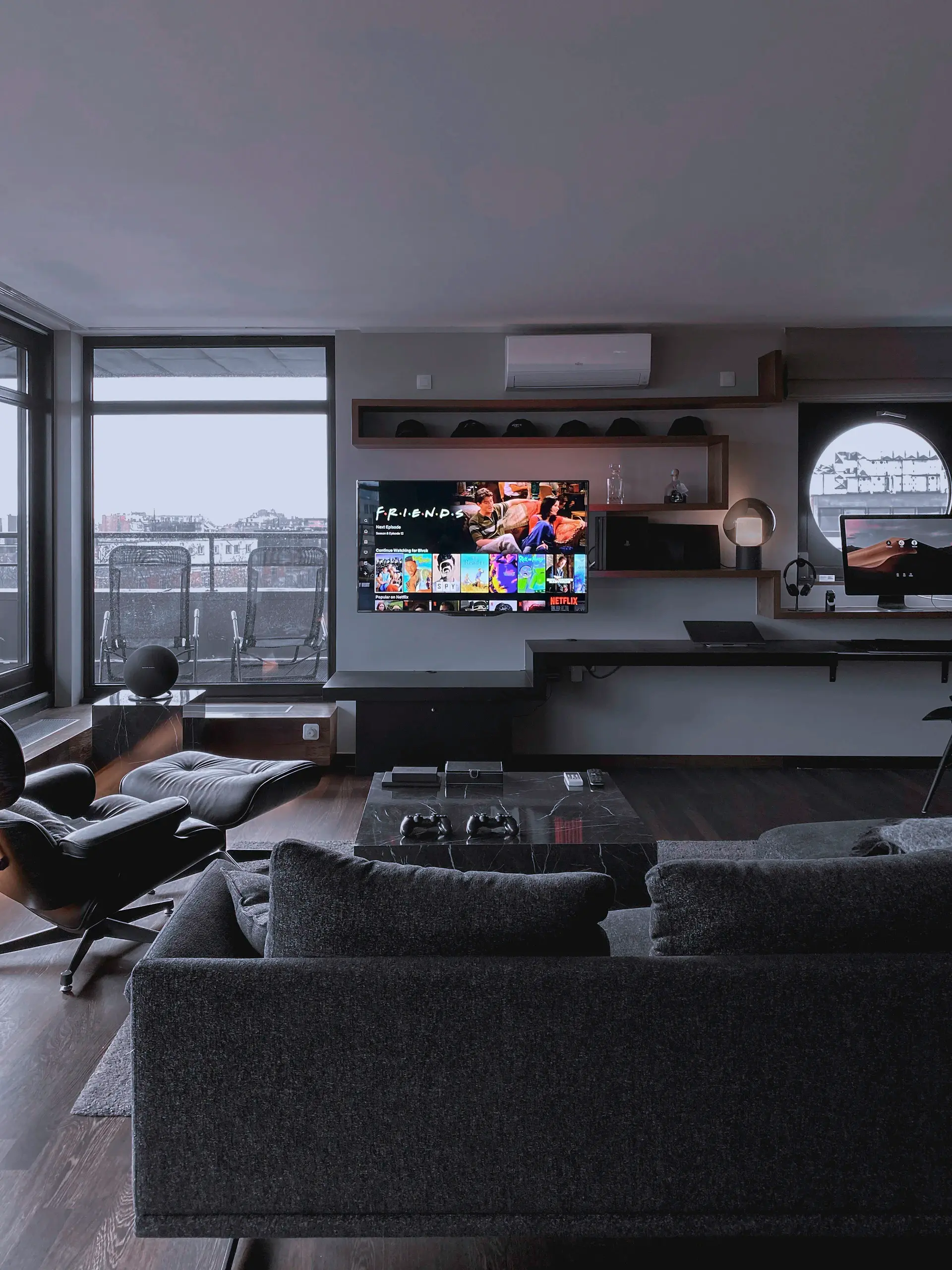 Skyline penthouse interior at twilight