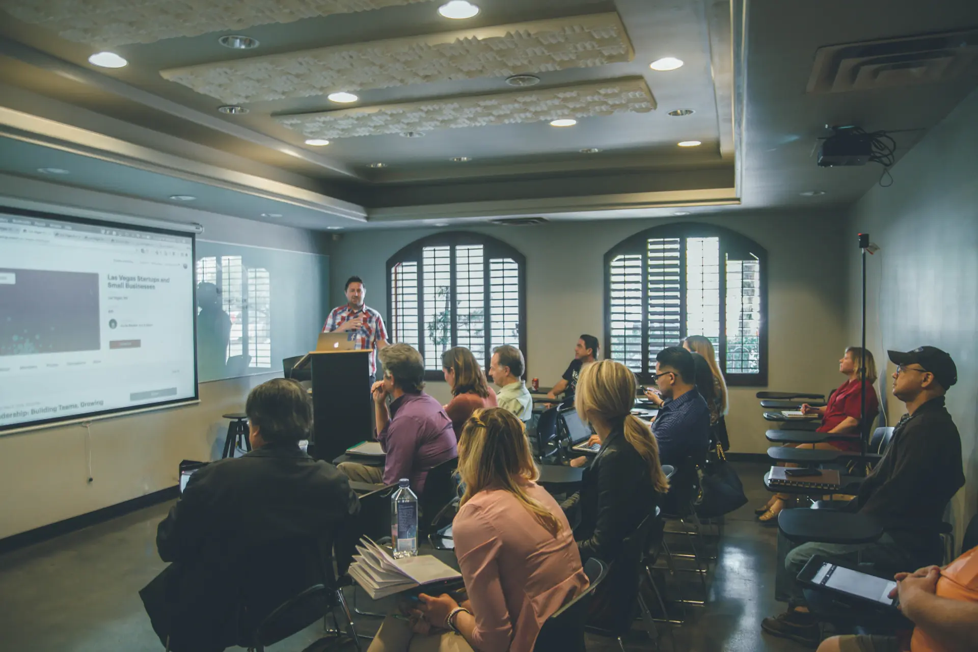A seminar room set for a study-abroad workshop