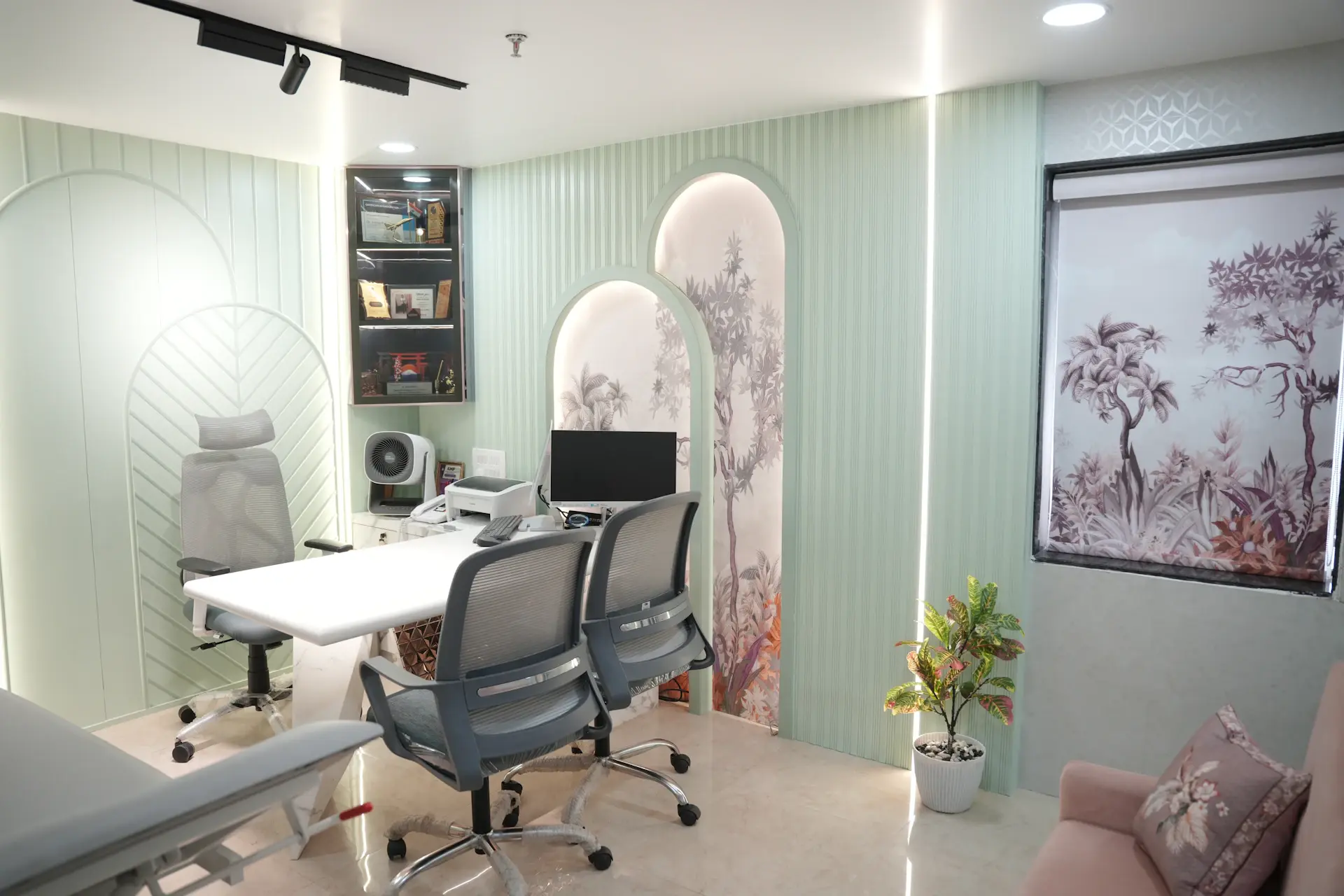 Private treatment room with soft fabric and warm light