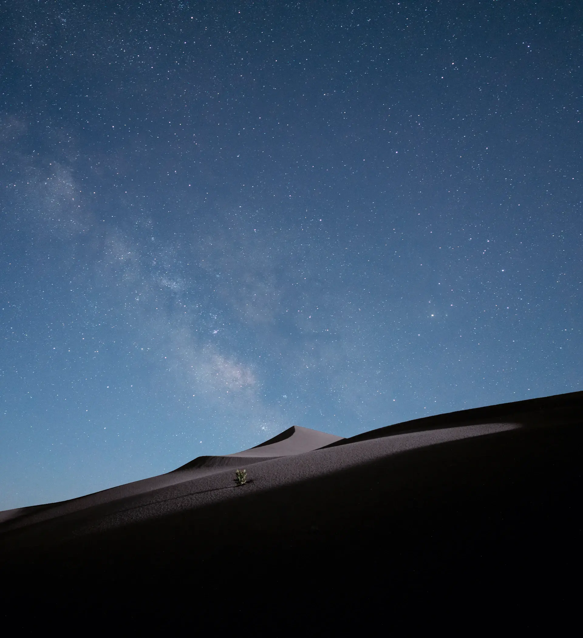 A solitary tent beneath desert dunes under stars