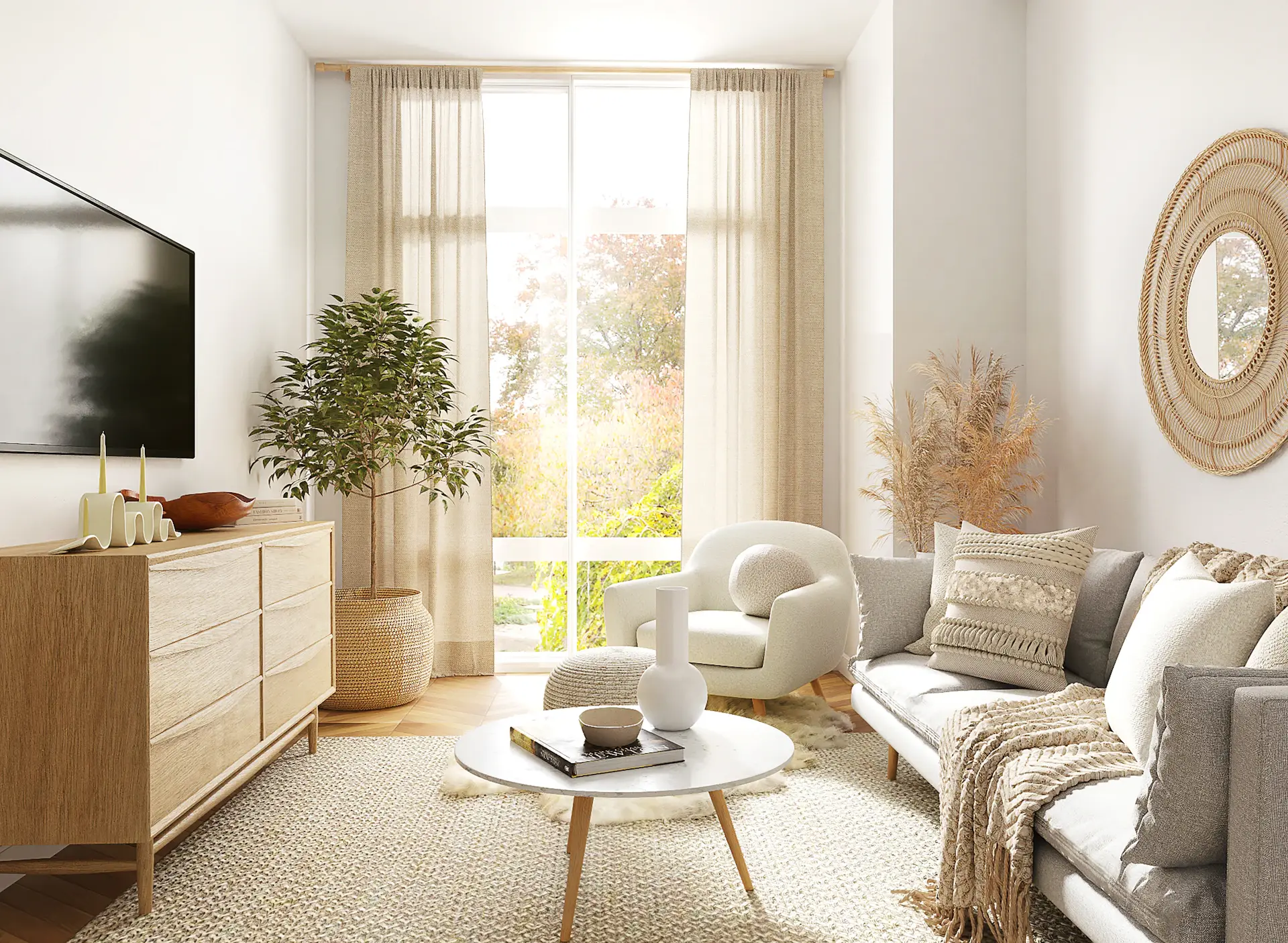Phòng khách warm minimalism với ánh nắng