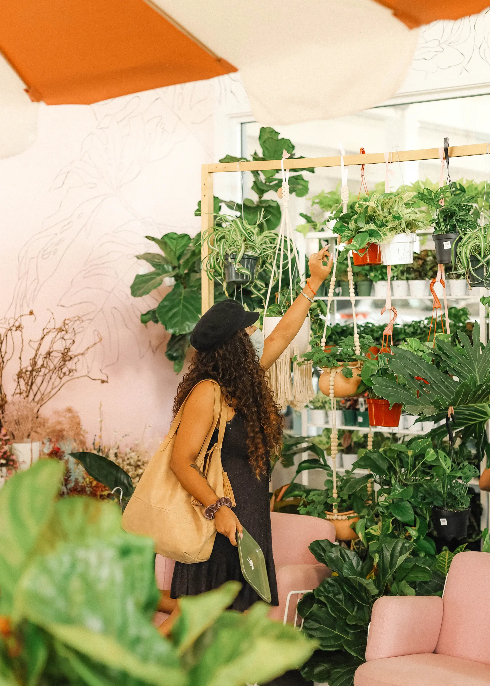 Founder tending to a leafy potted plant