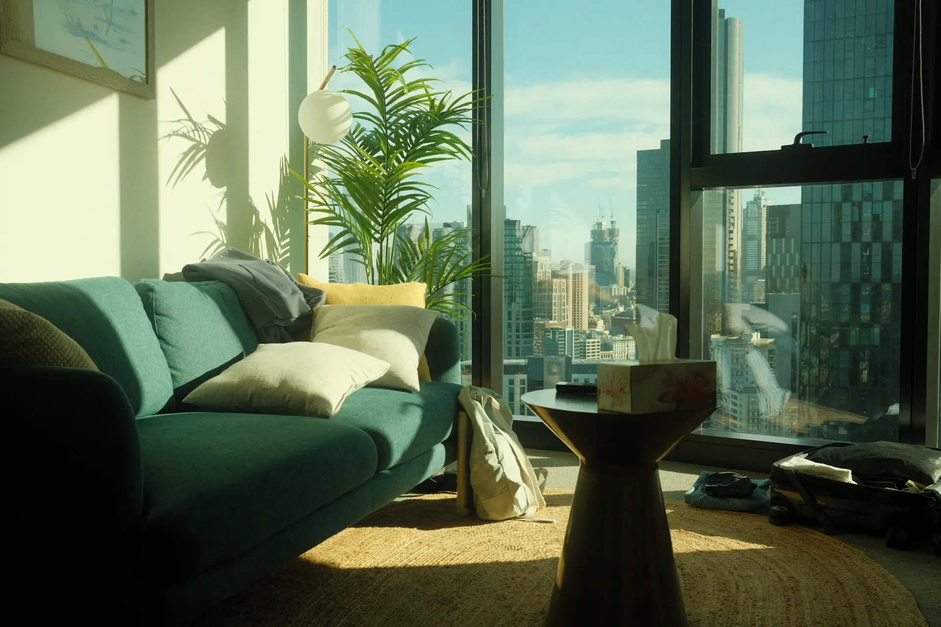 Stylish shared student apartment living room with city view
