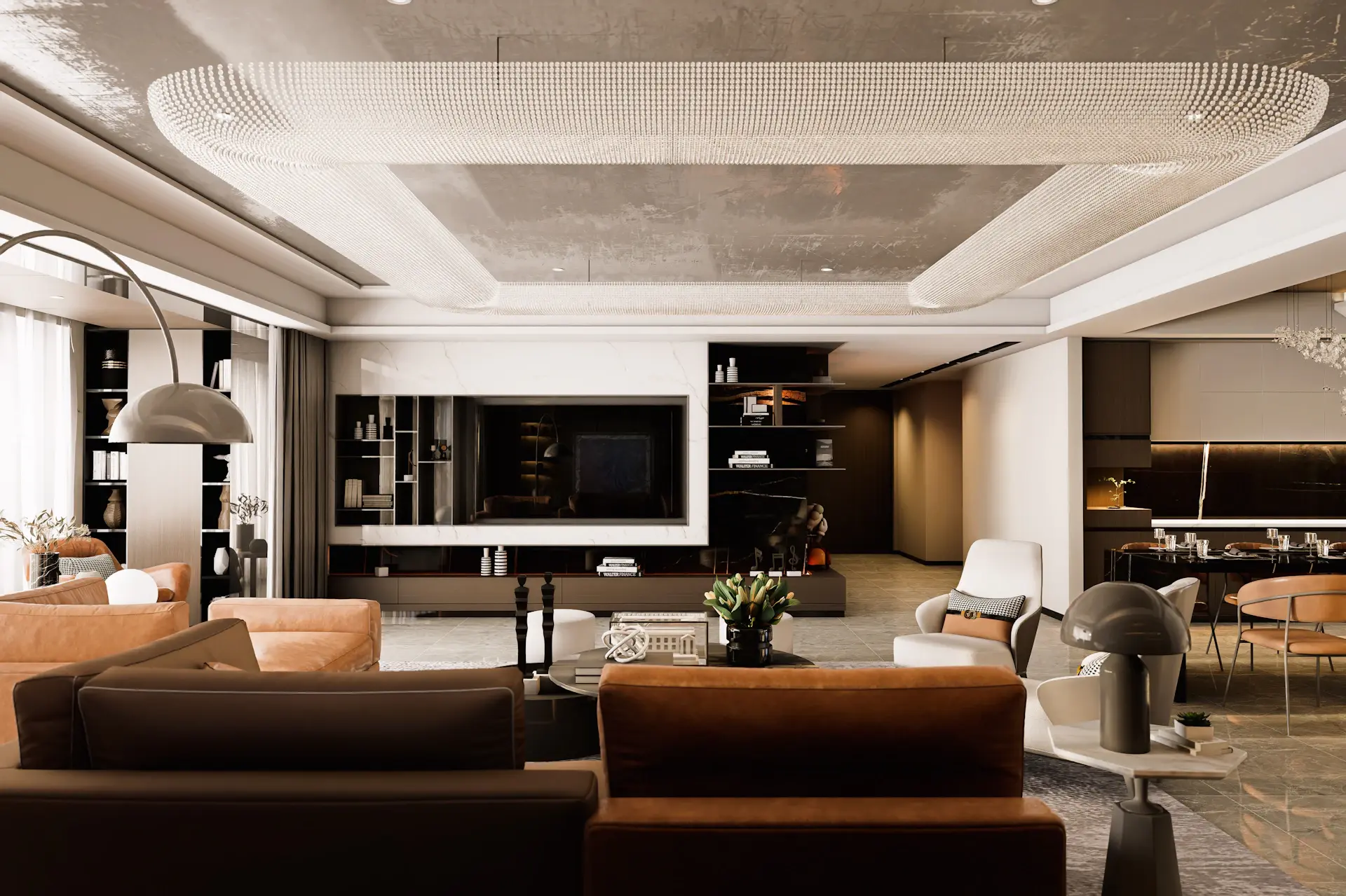 Skyline penthouse living room at dusk
