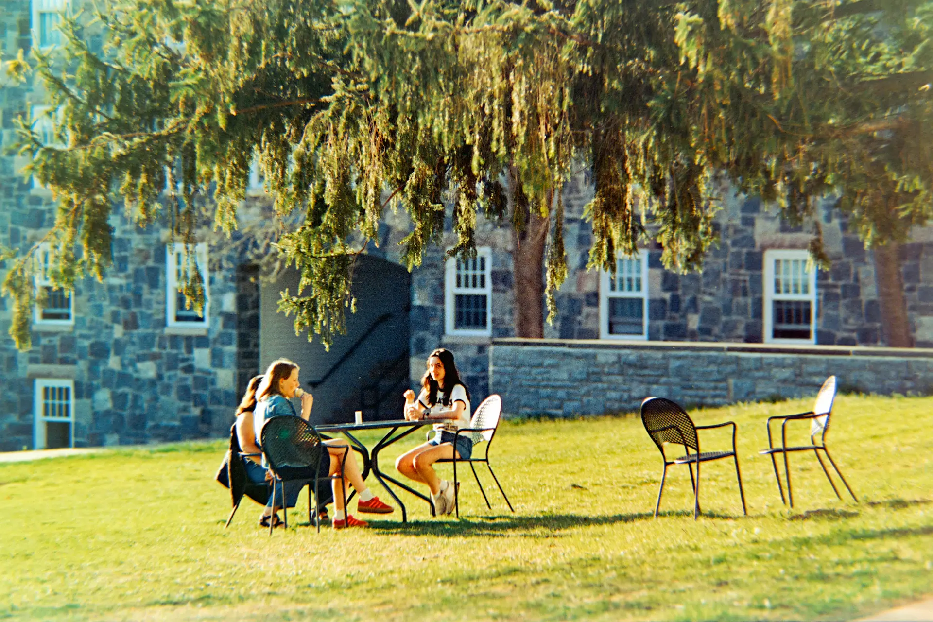 Students laughing together on a campus lawn