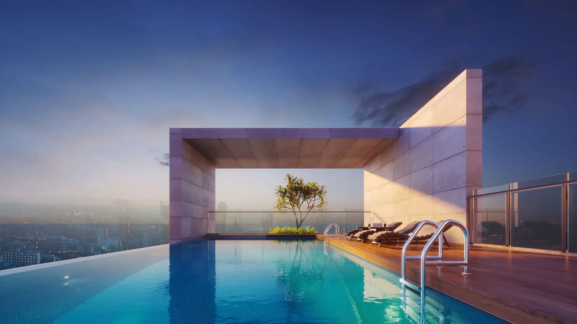 Skyline penthouse terrace with rooftop pool at dusk