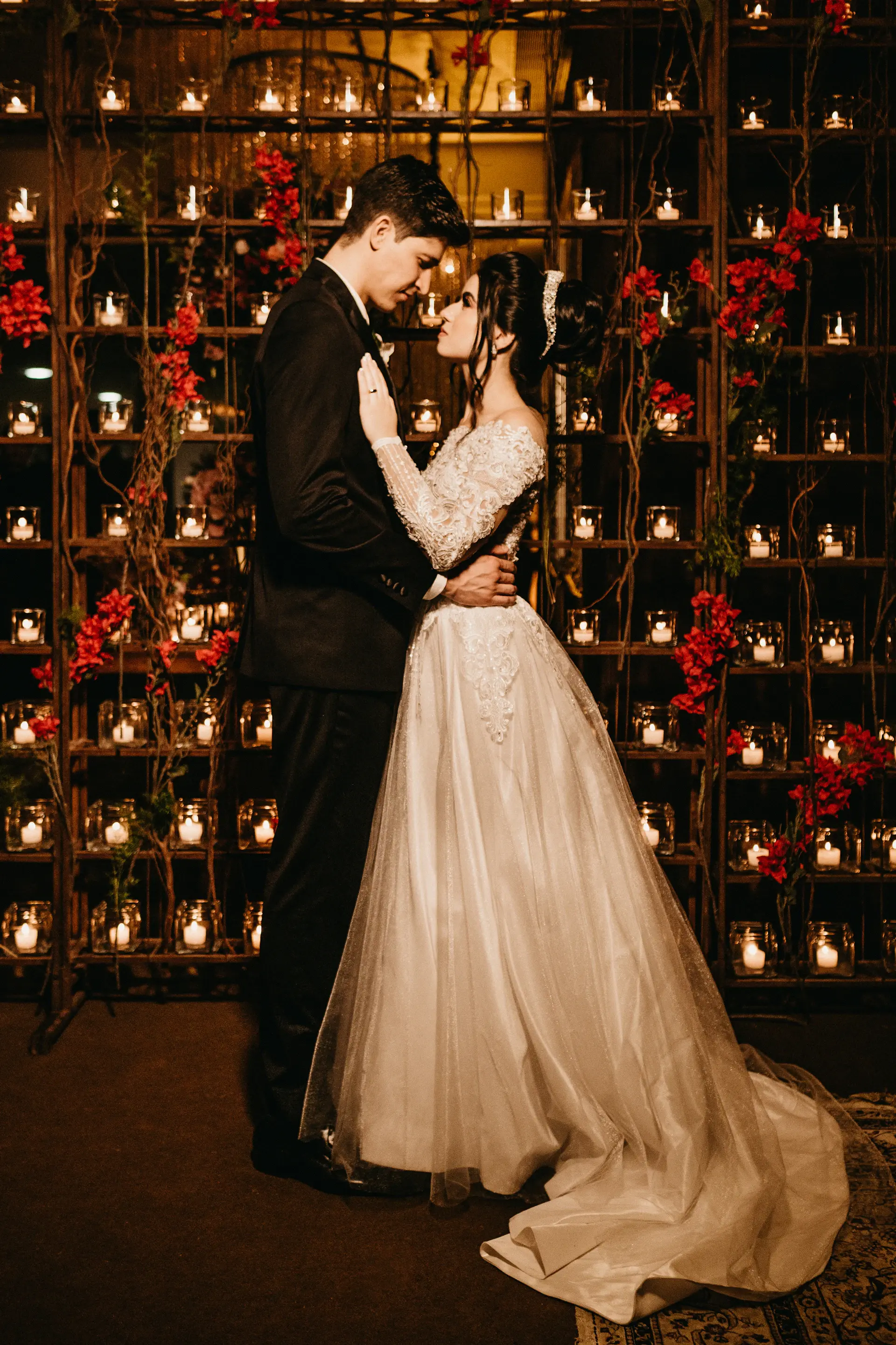 Bride and groom in candlelight