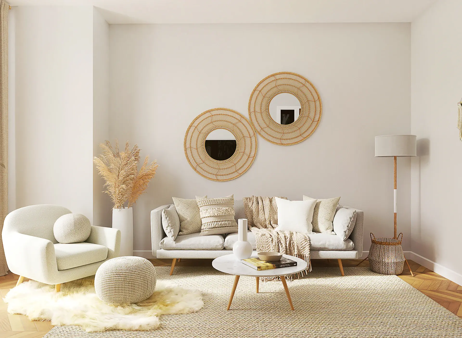 Phòng khách tối giản với ghế và sofa được tuyển chọn