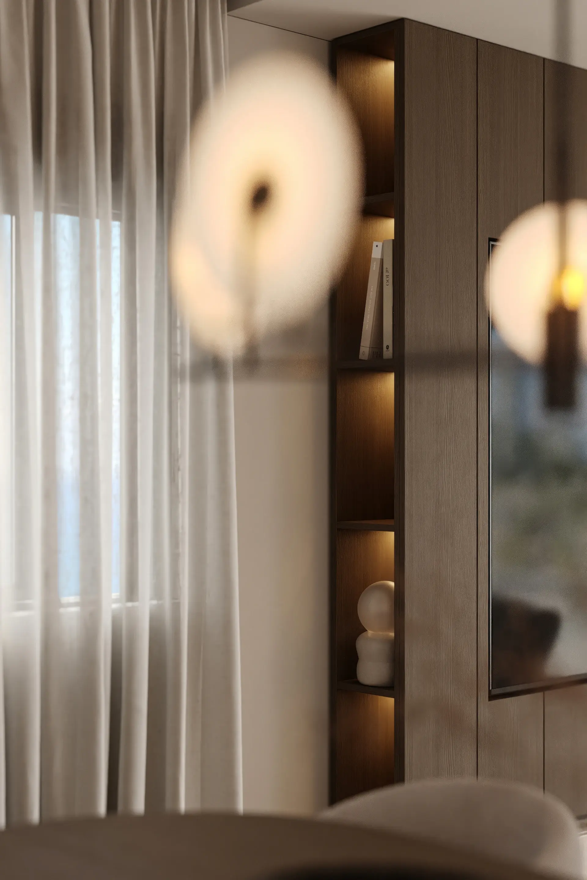 Phòng ngủ tông kem với rèm linen