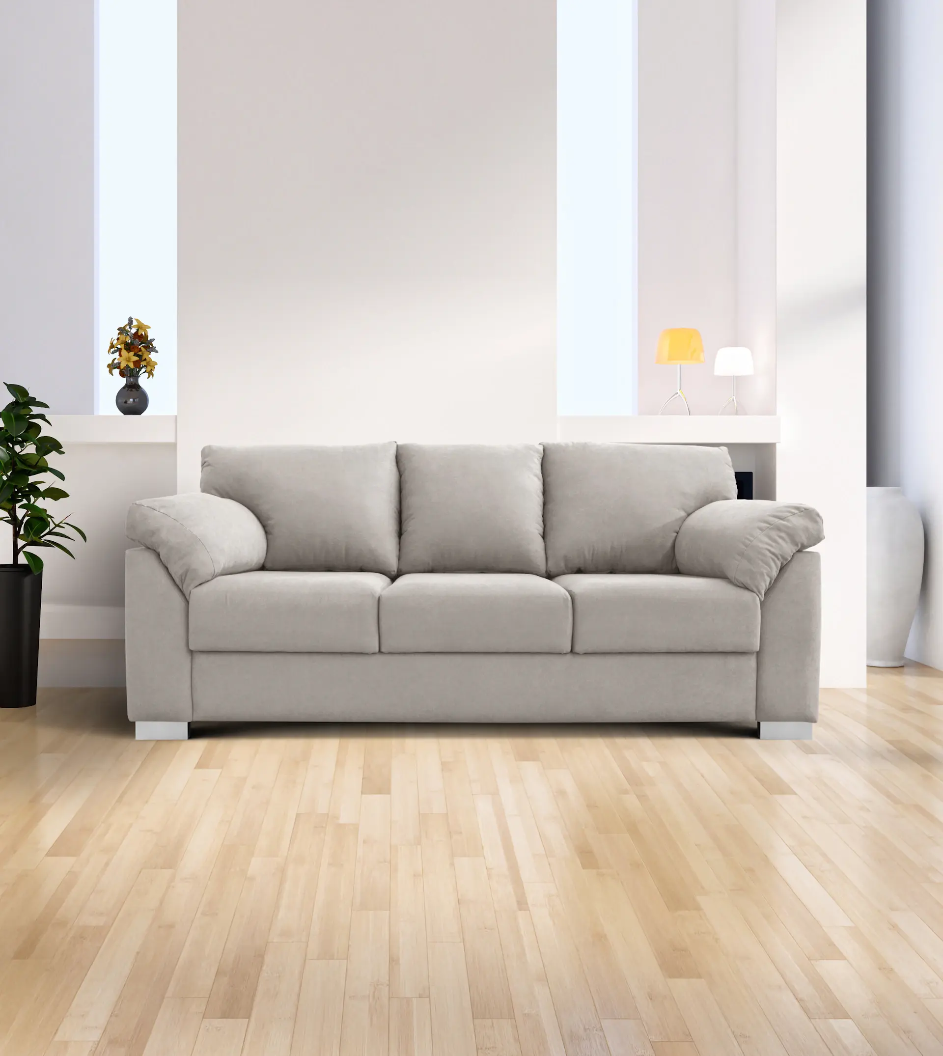 Sofa Mira ba chỗ bọc vải champagne trong phòng khách