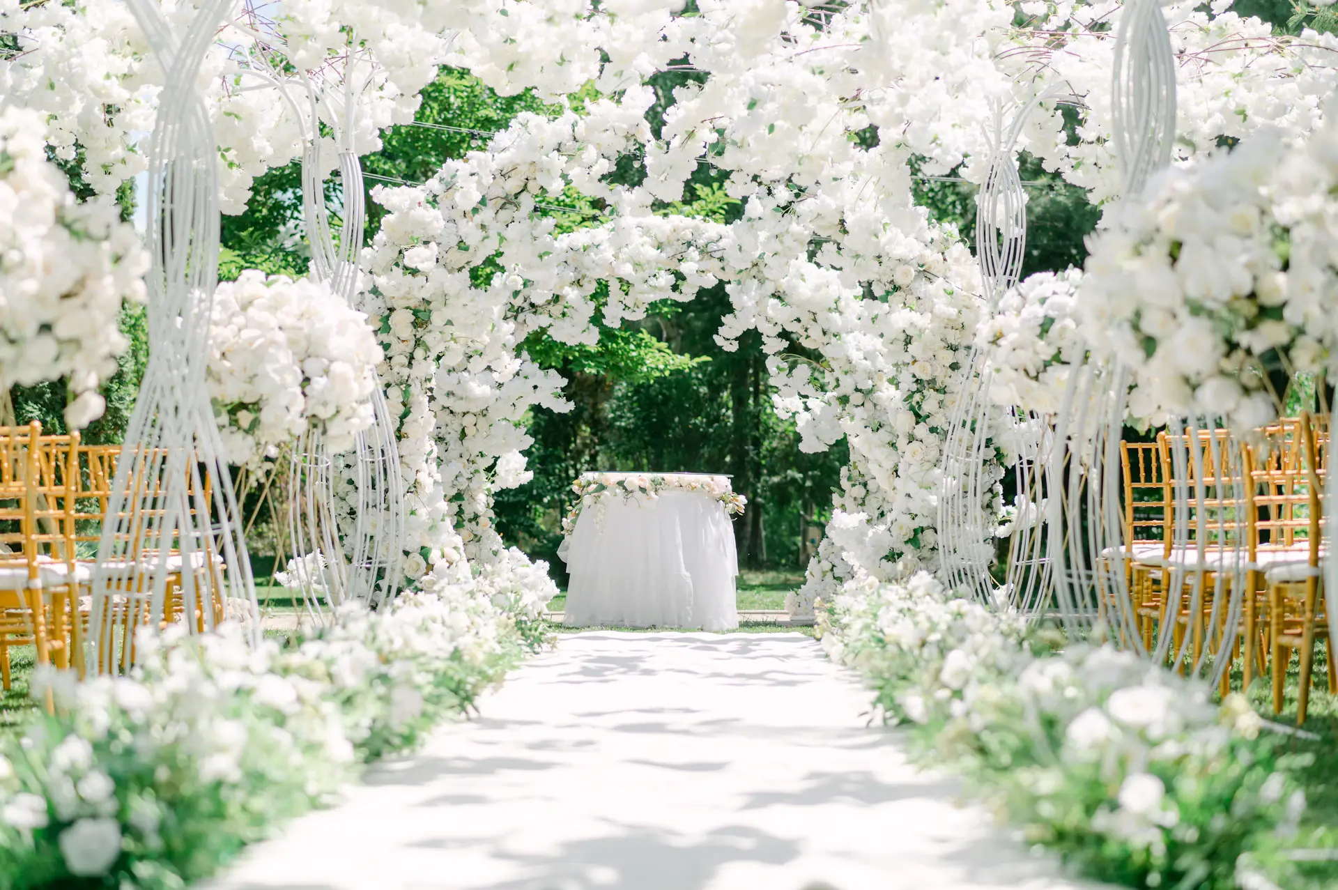 Blush rose summer wedding pavilion with linen drapery