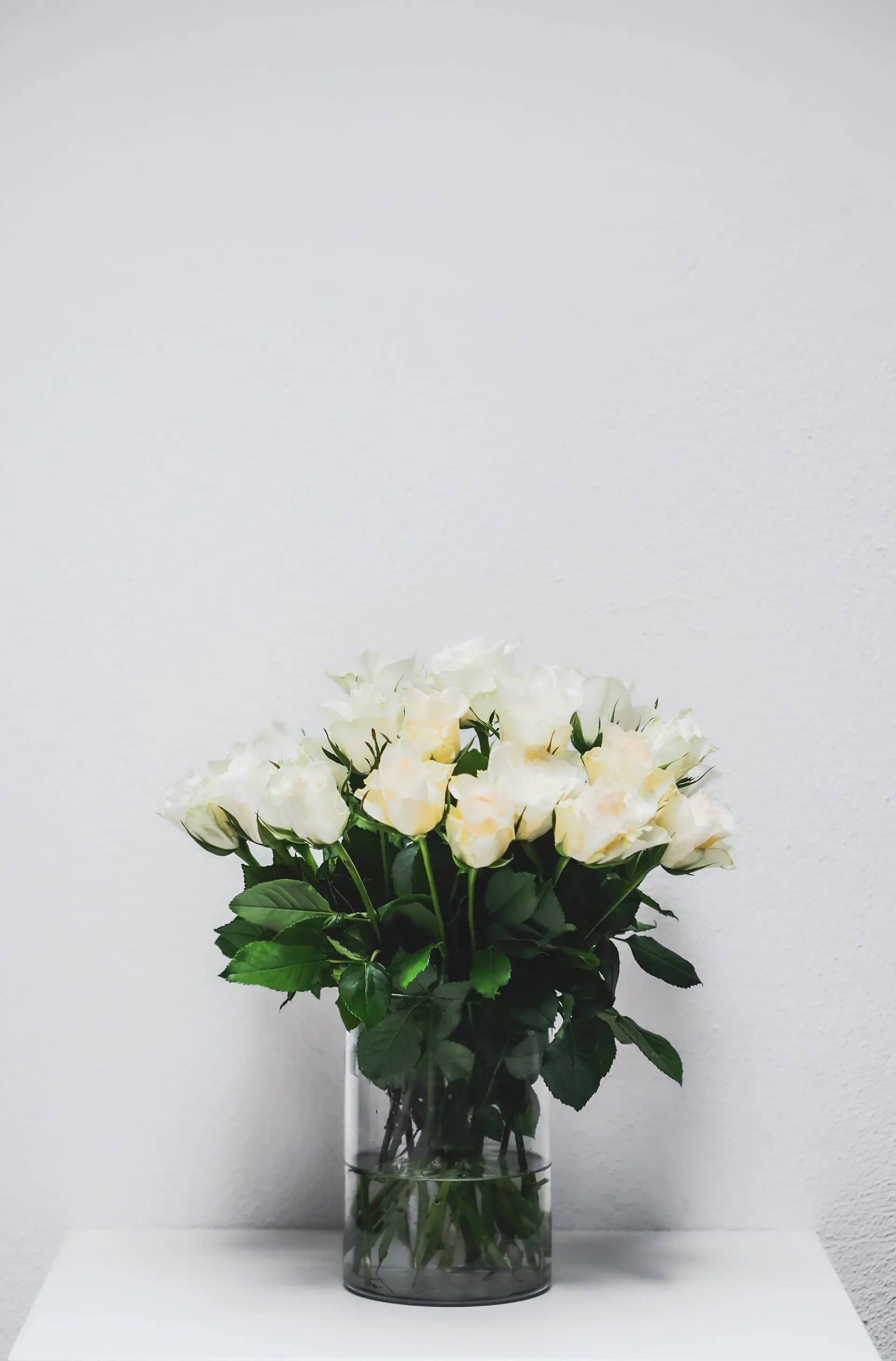 Sculptural white rose arrangement against a grey wall
