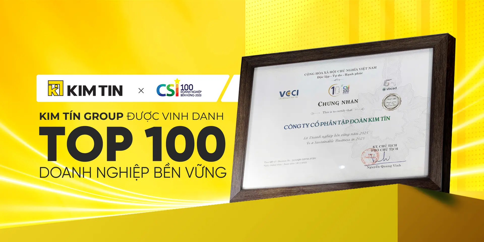 Kim Tín được vinh danh Top 100 doanh nghiệp bền vững CSI 2025
