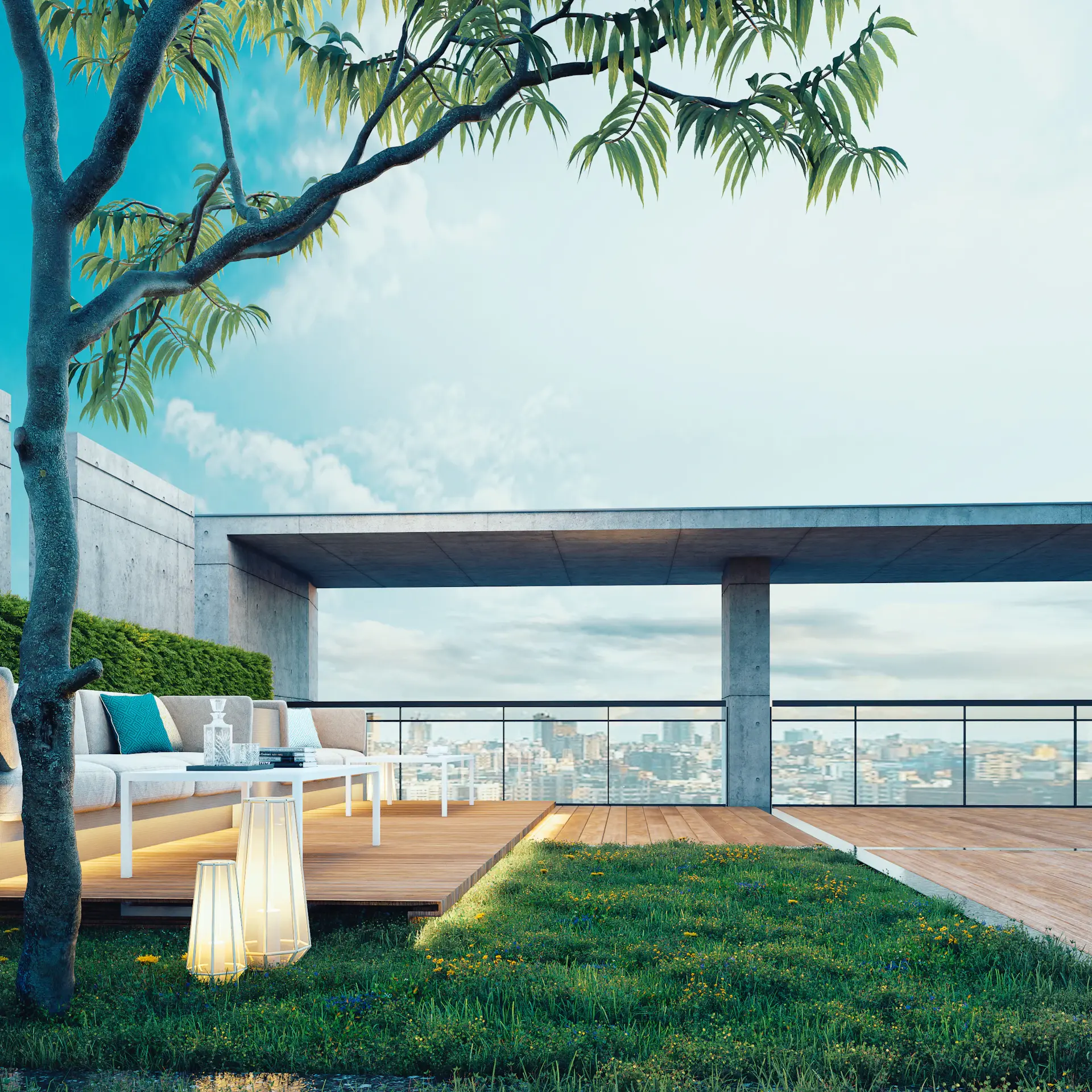 Private garden and terrace at golden hour
