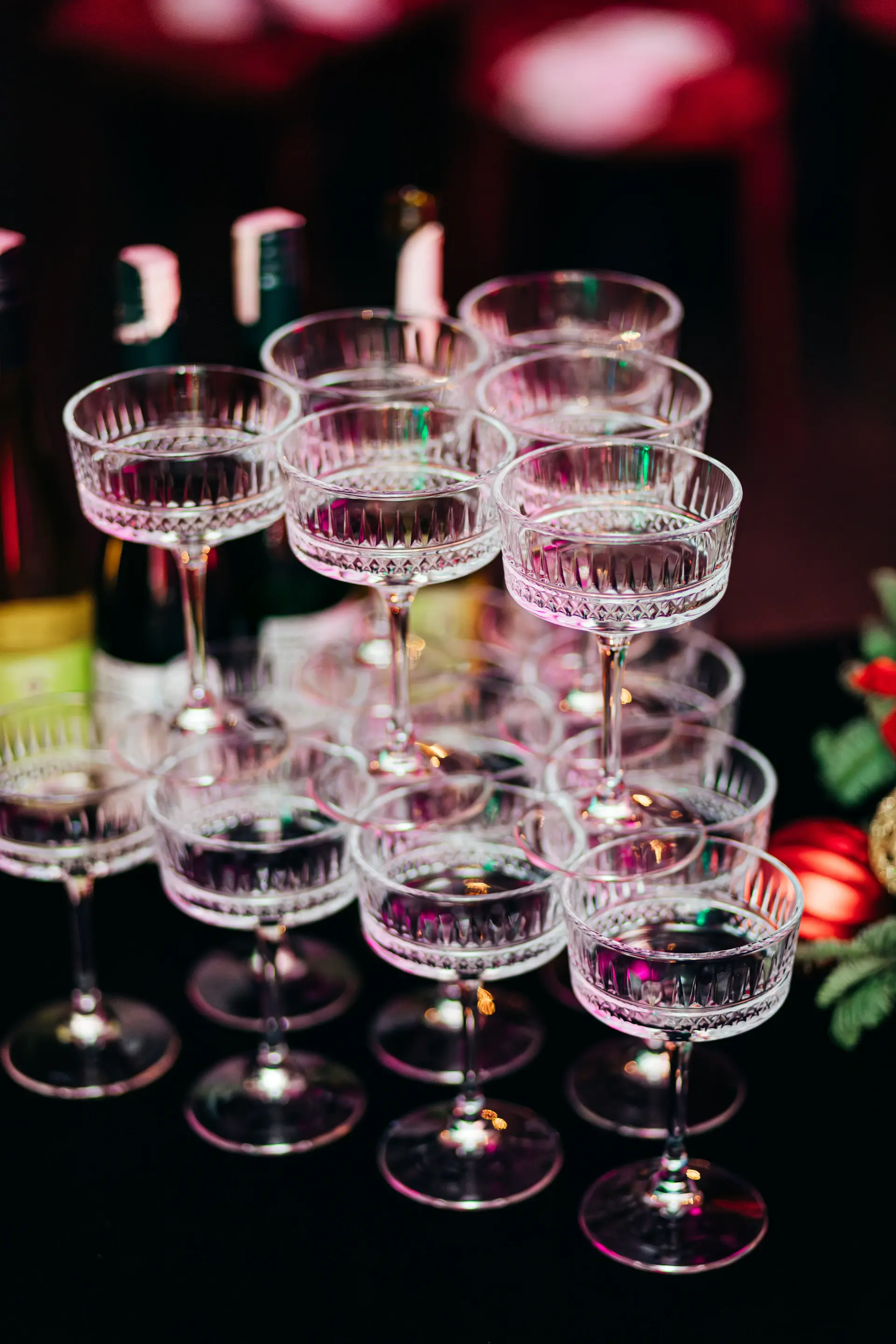 Champagne tower at golden hour