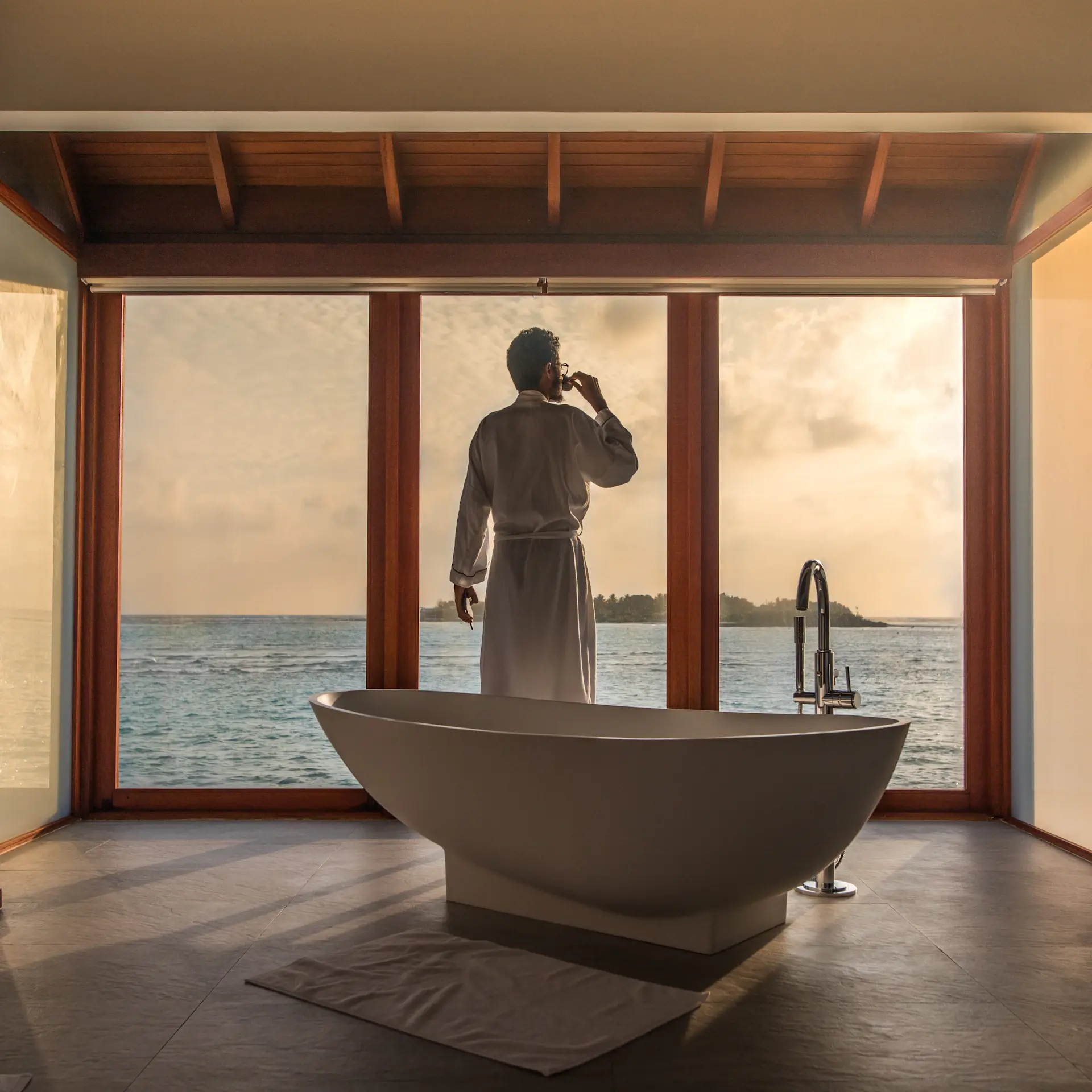 Spa pavilion overlooking a calm landscape