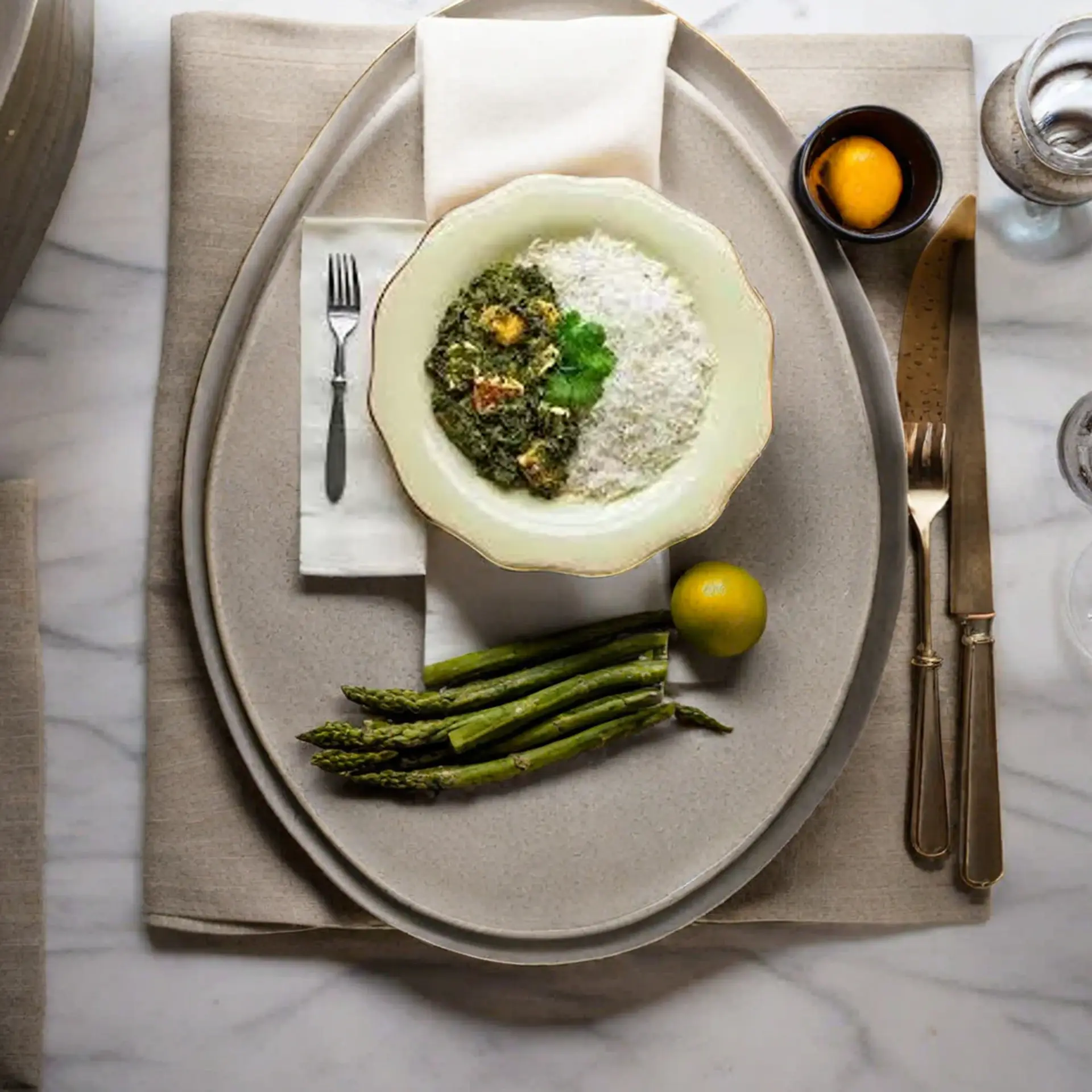 A coupe of vintage champagne beside a plated dish