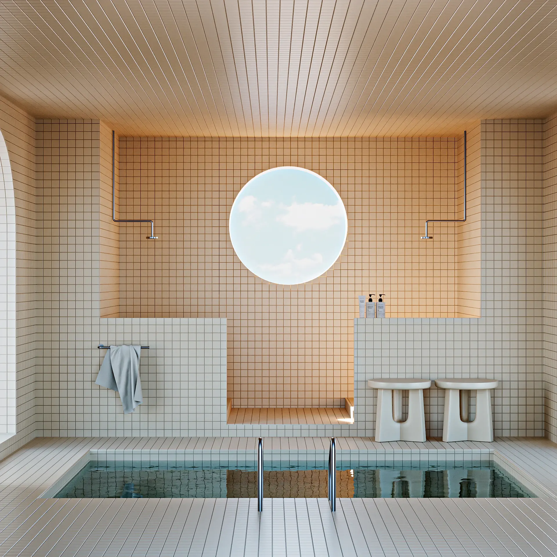 Quiet spa pavilion overlooking still water