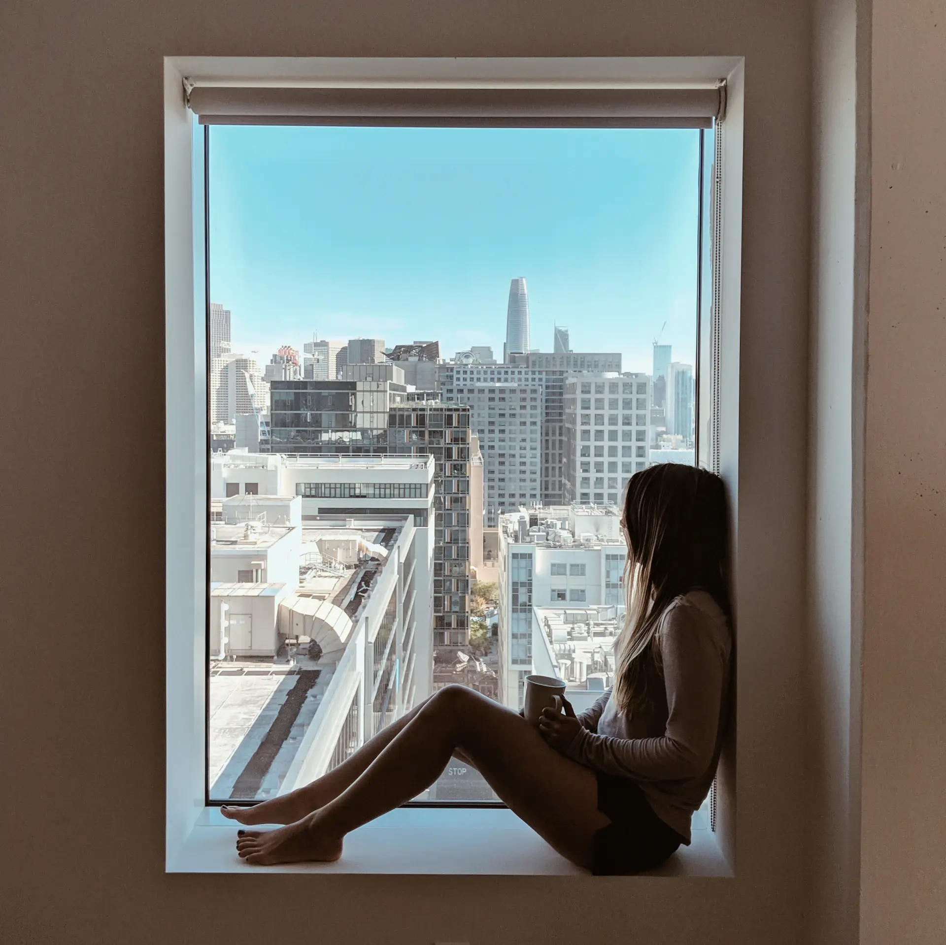 Skyline view from a private lounge at dusk