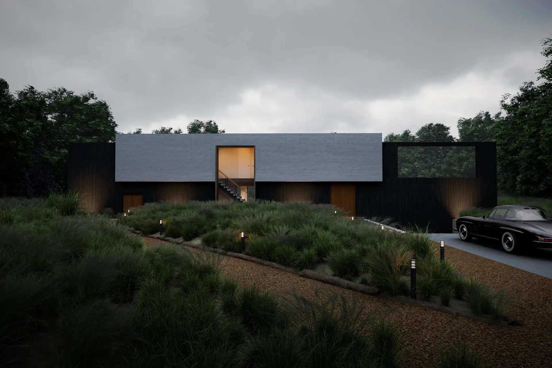 Cinematic view of a private residence at dusk