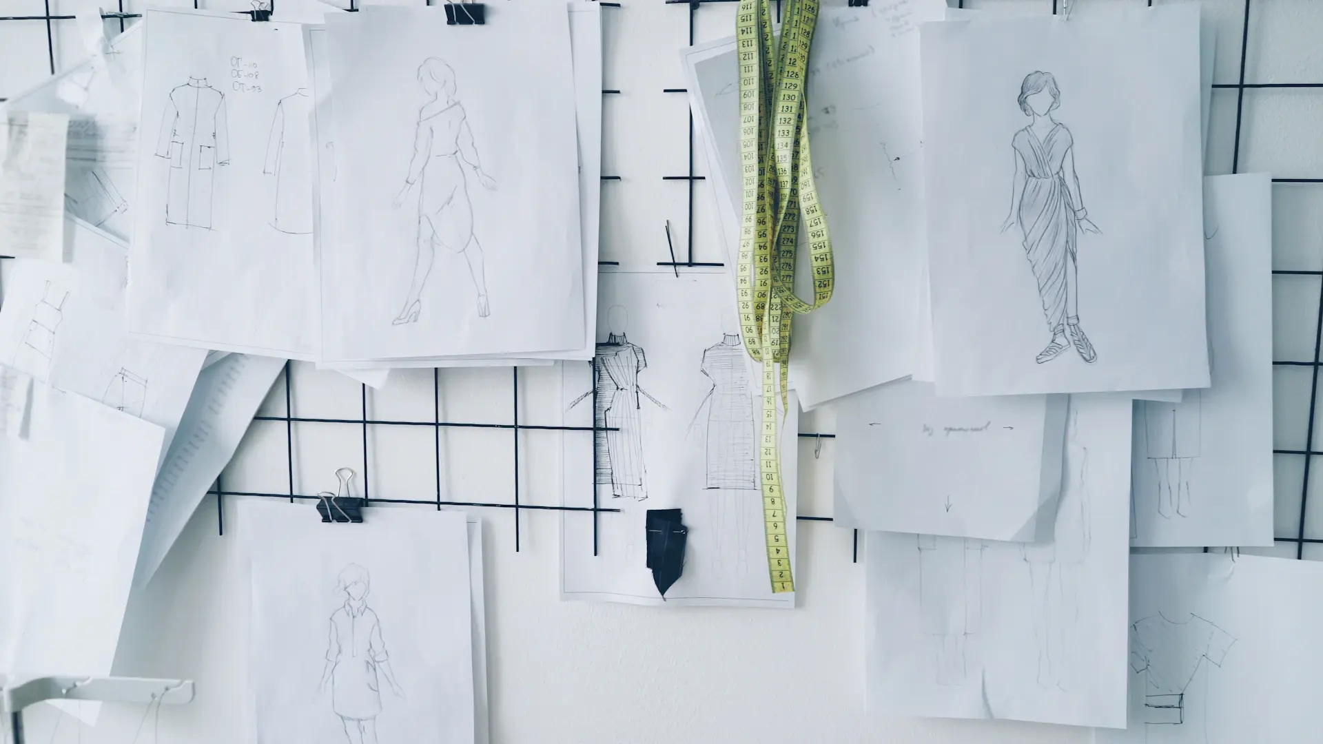 Designer's mood board pinned to a studio wall