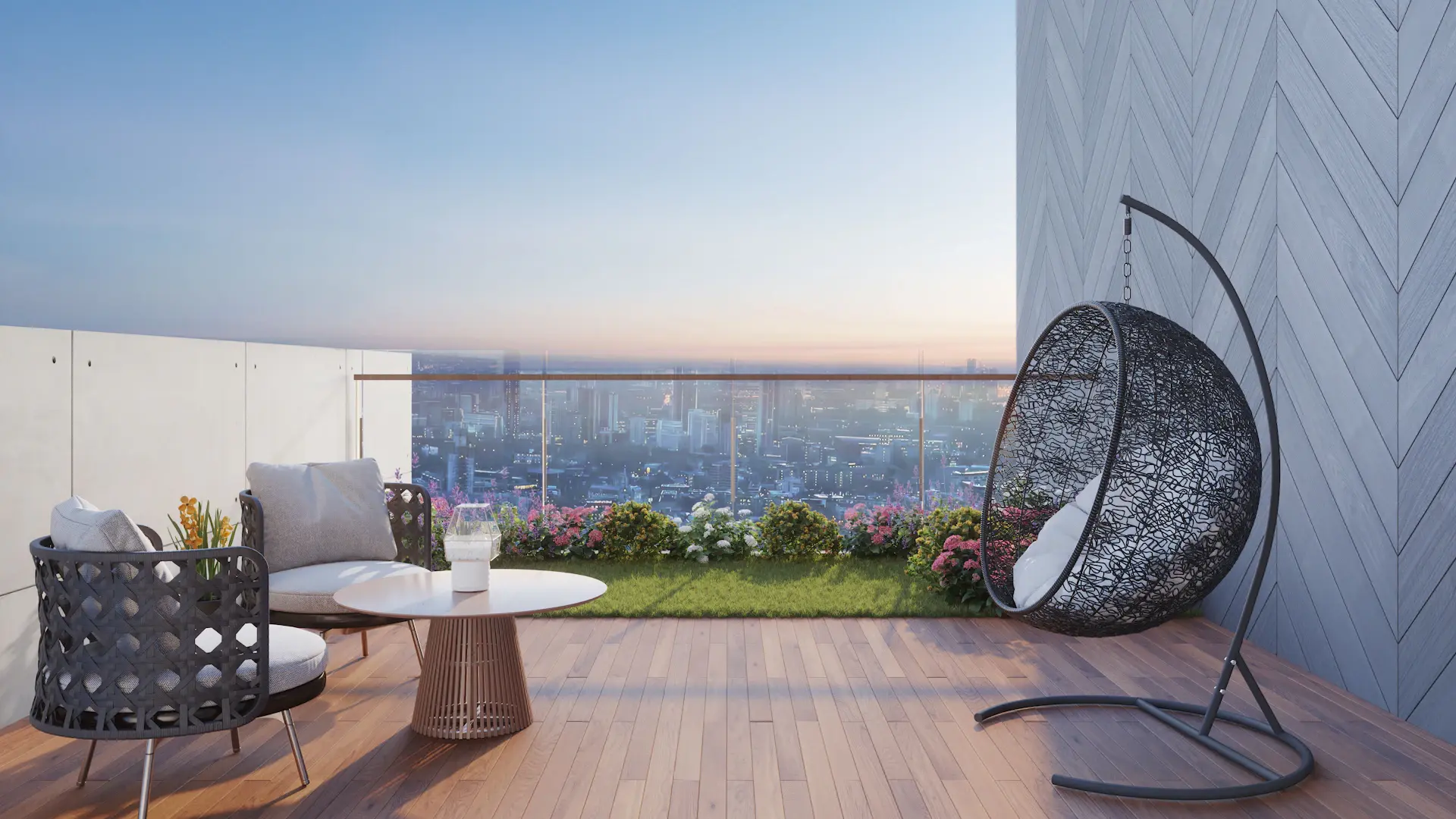 Evening cityscape viewed from a luxury penthouse terrace