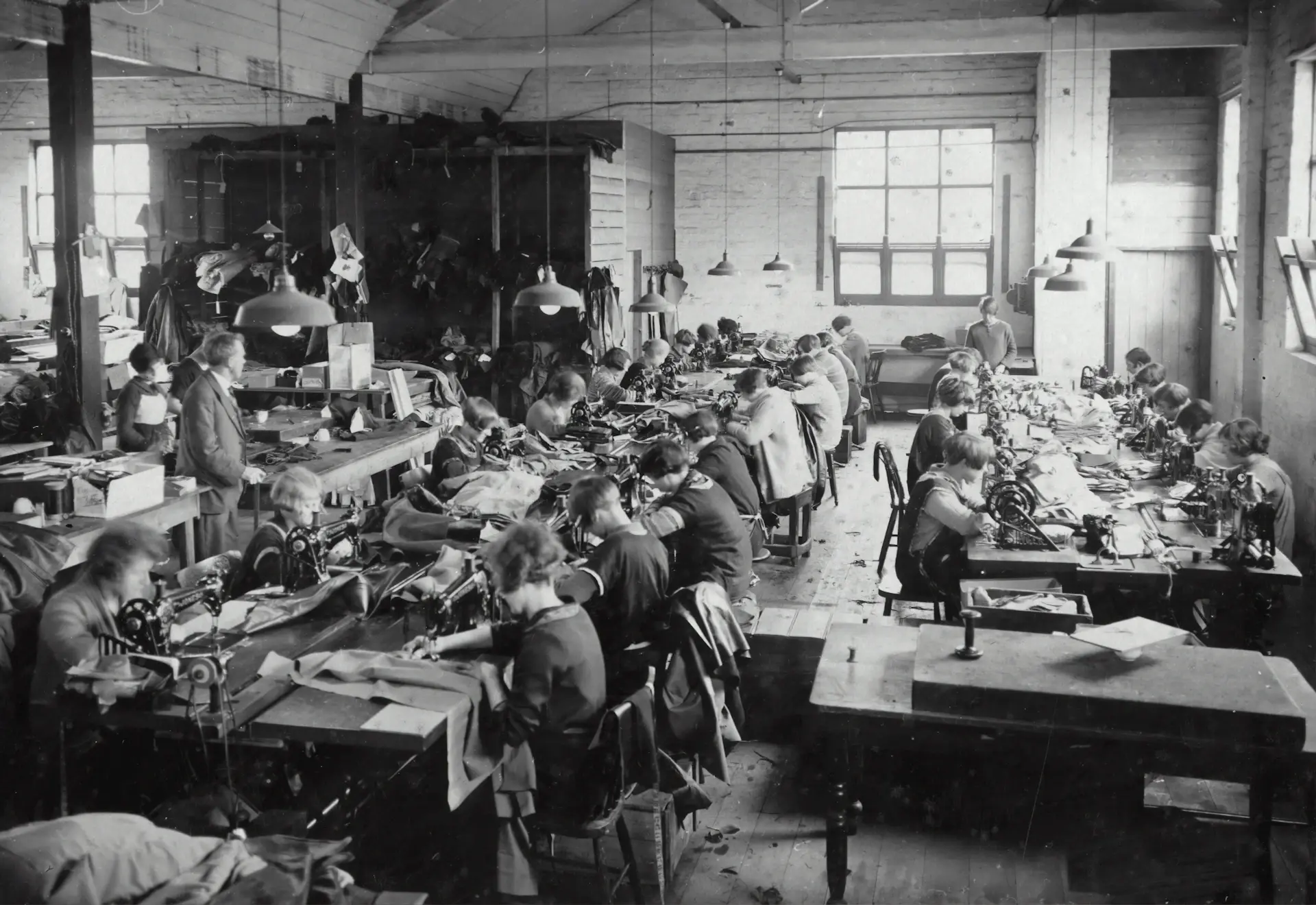 Archival photograph of the marque's original factory floor