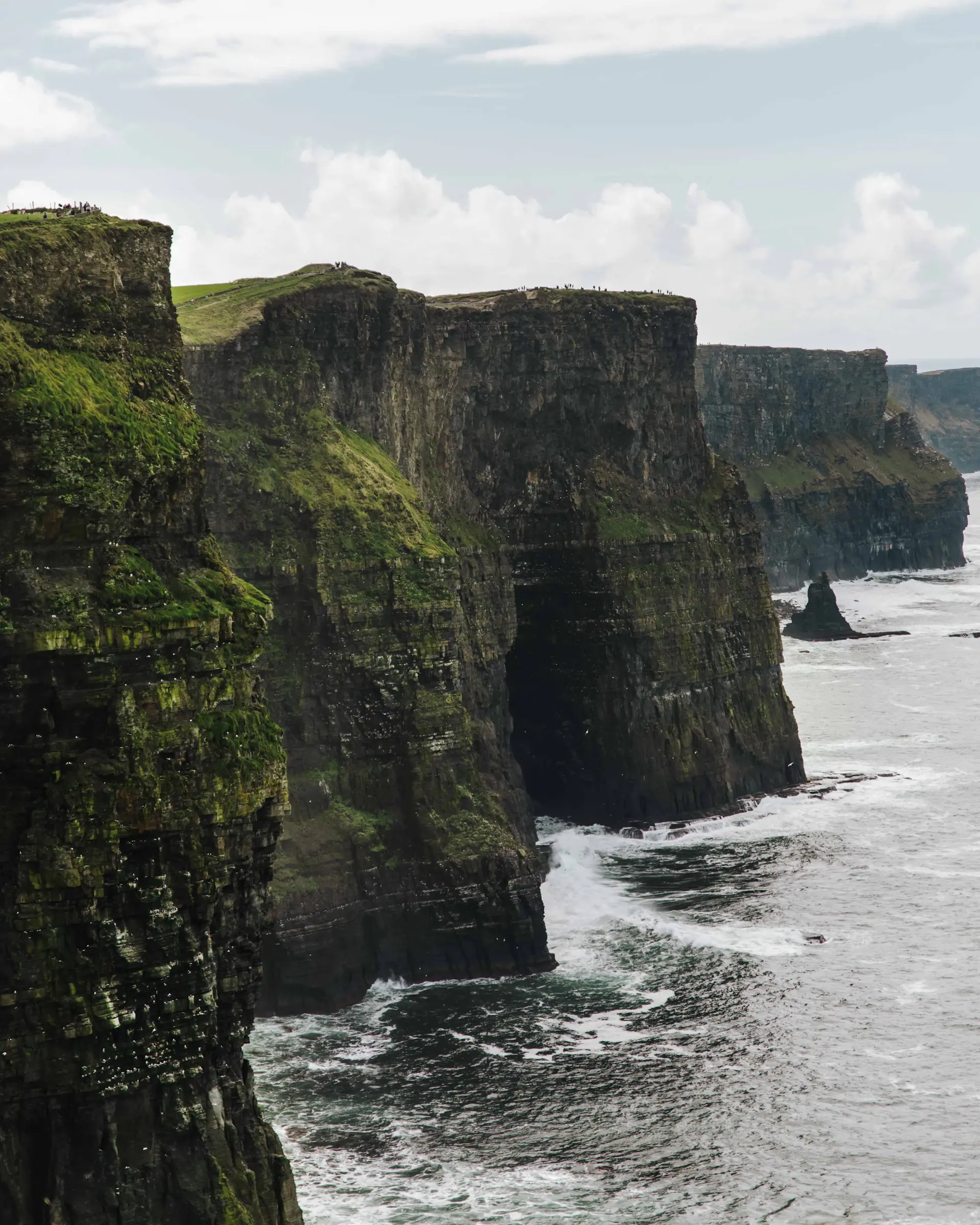 Sea cliffs plunging straight into churning surf