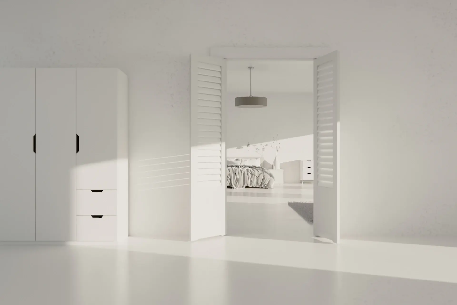 Tủ âm tường trắng kem trong studio nhỏ