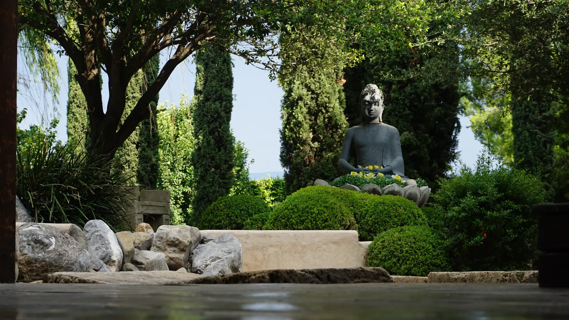Tranquil meditation space overlooking gardens
