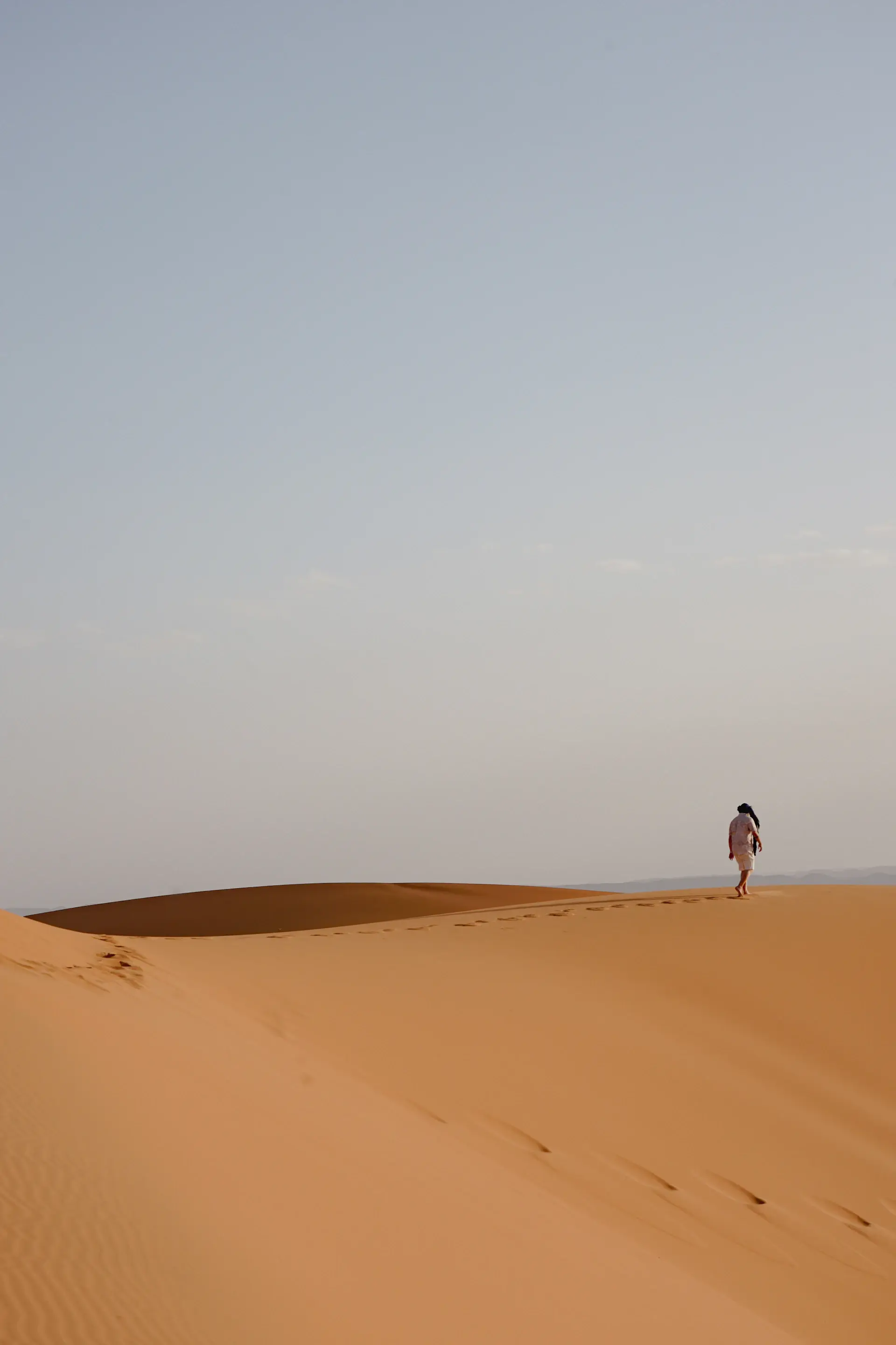 Lone traveller walking across a vast open desert under a pale sky
