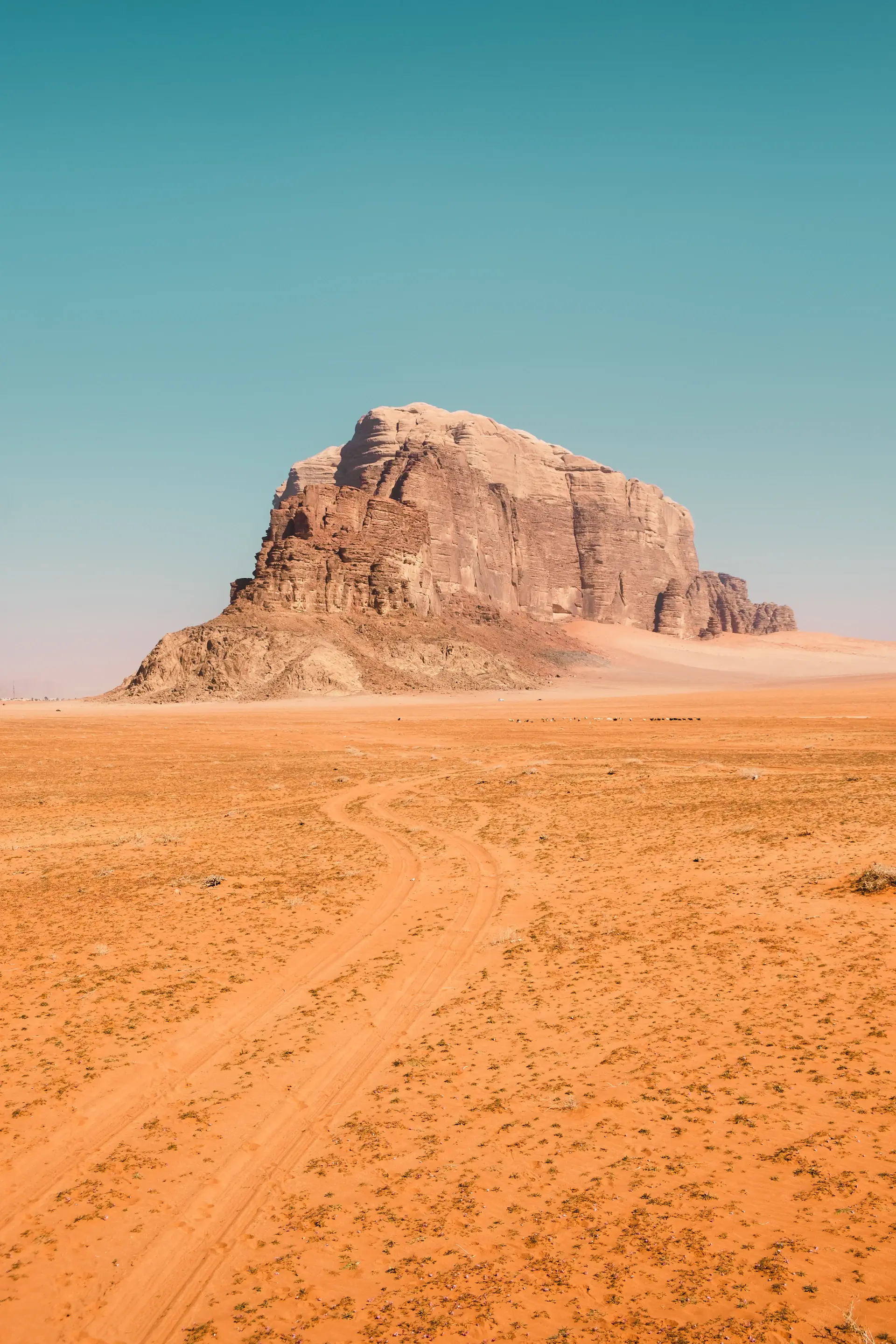 Towering red sandstone cliffs over rippled desert sand