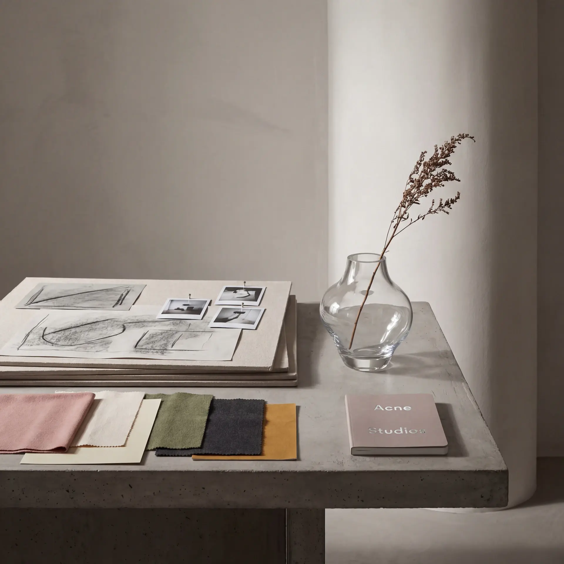 Bản vẽ, mẫu vật liệu và moodboard trên bàn làm việc của studio