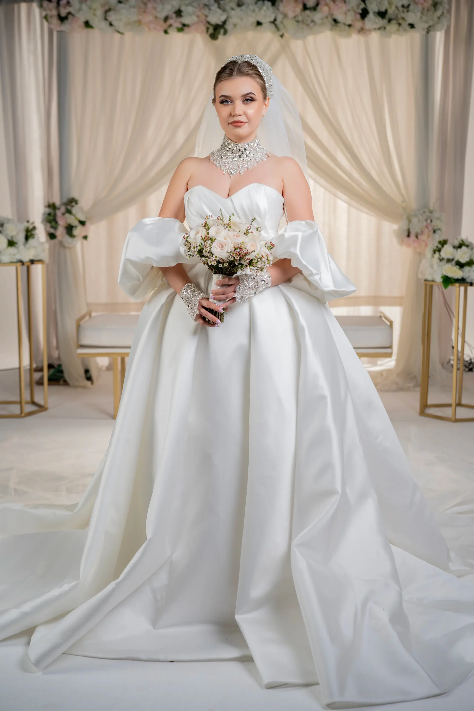 A bride in an understated, elegant gown