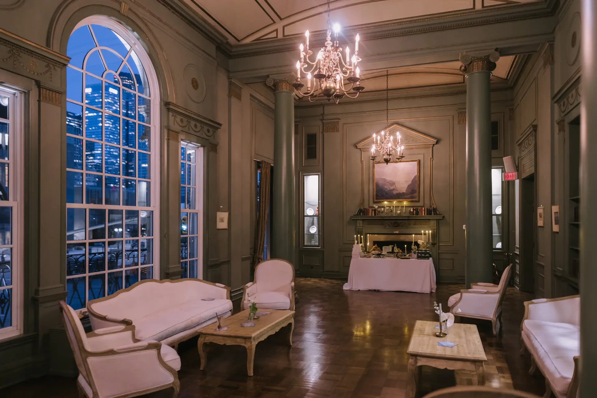 Soft candlelit wedding reception at the palace