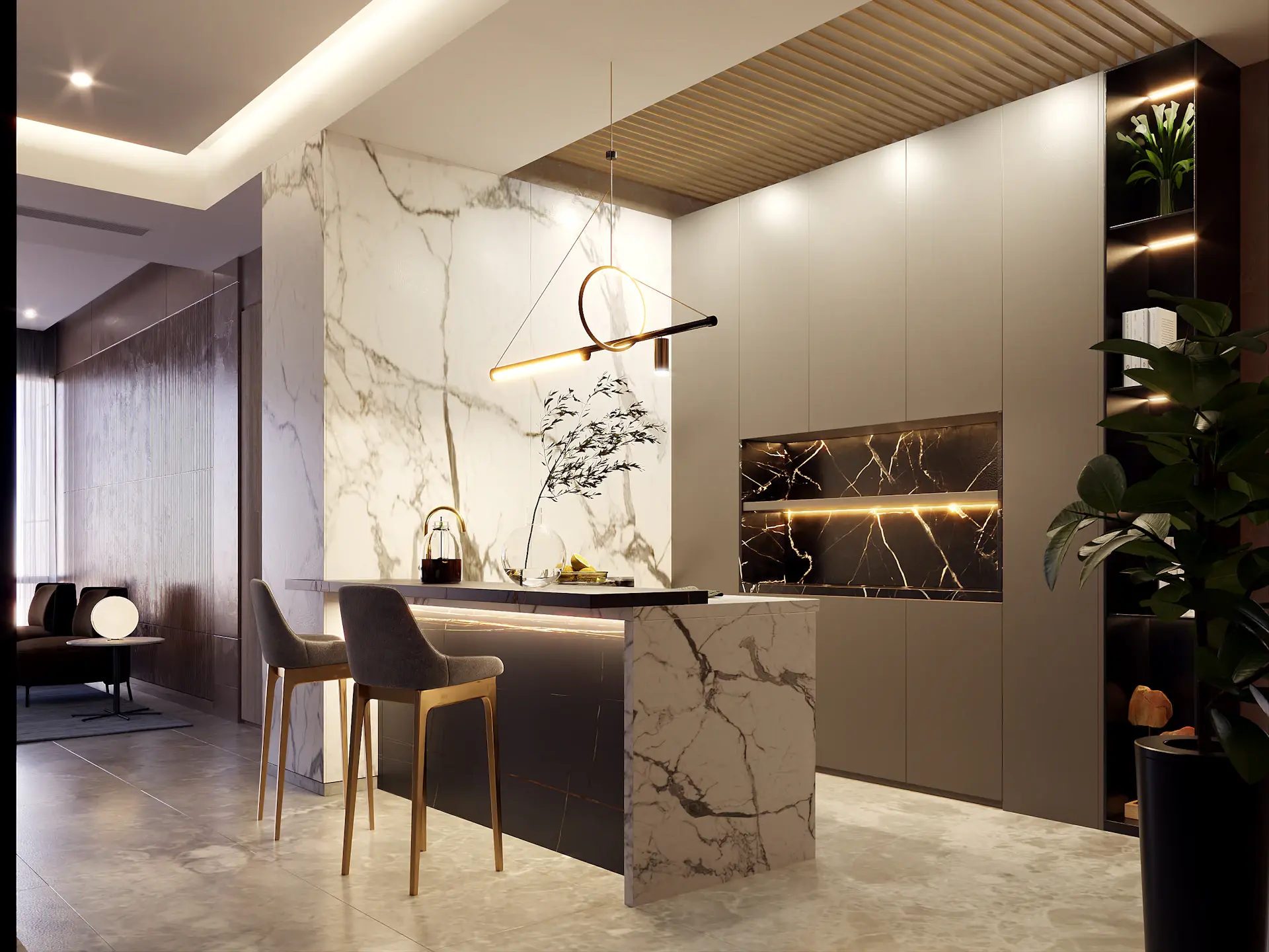 Designer kitchen with stone island and integrated appliances