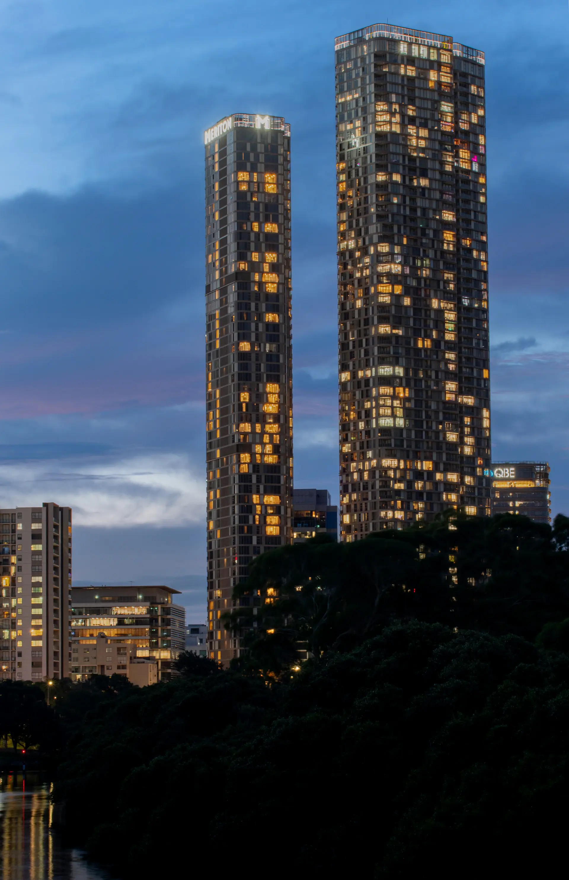 City-center skyline with luxury penthouse towers