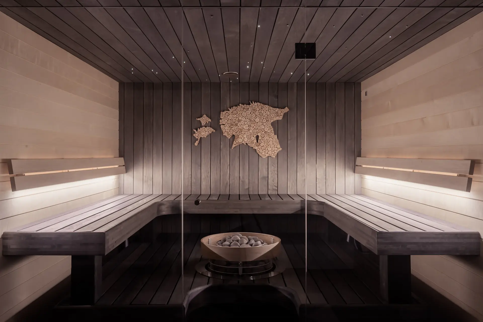 Refined wellness lounge with marble and linen finishes