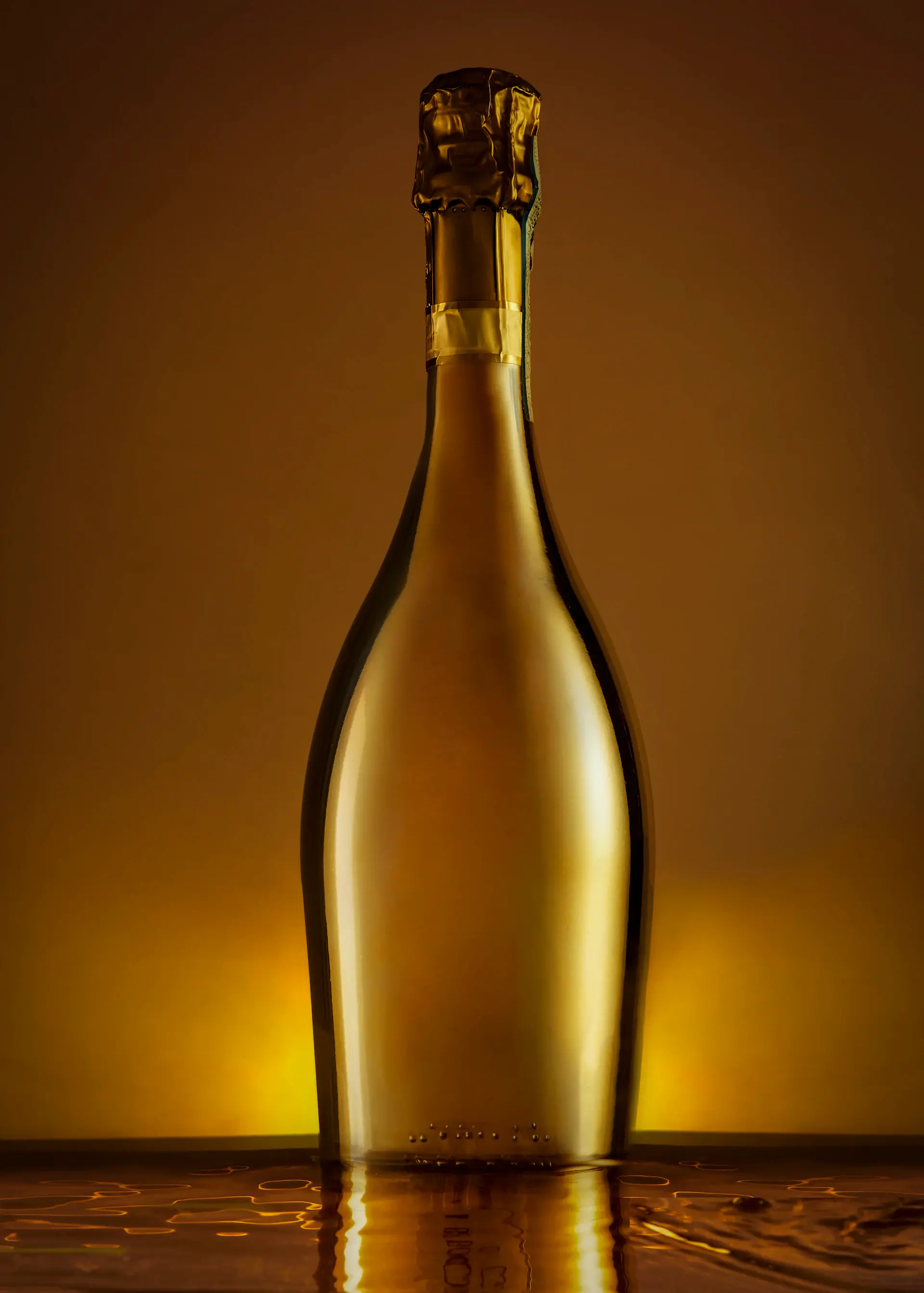 Vintage champagne bottle with golden light