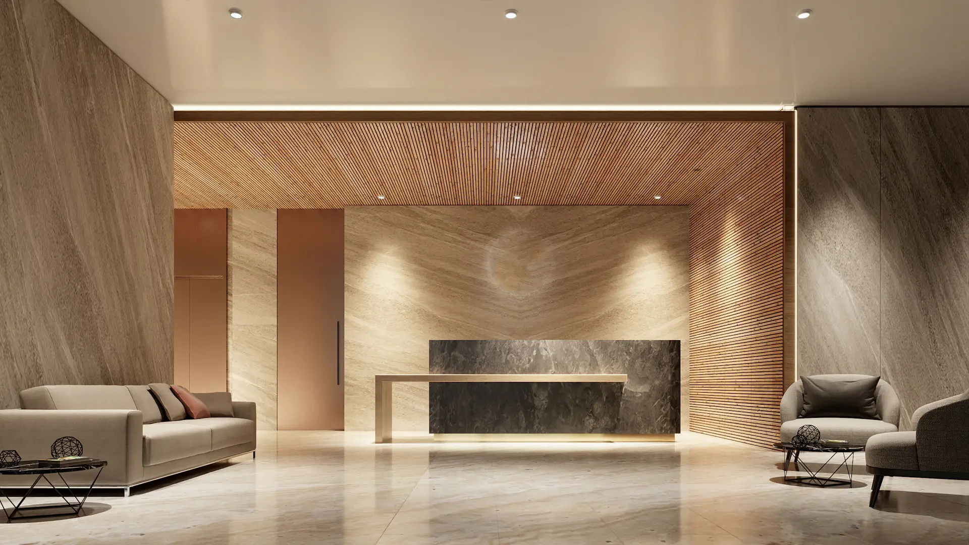 Private salon with advisor and client in a stone-clad lobby