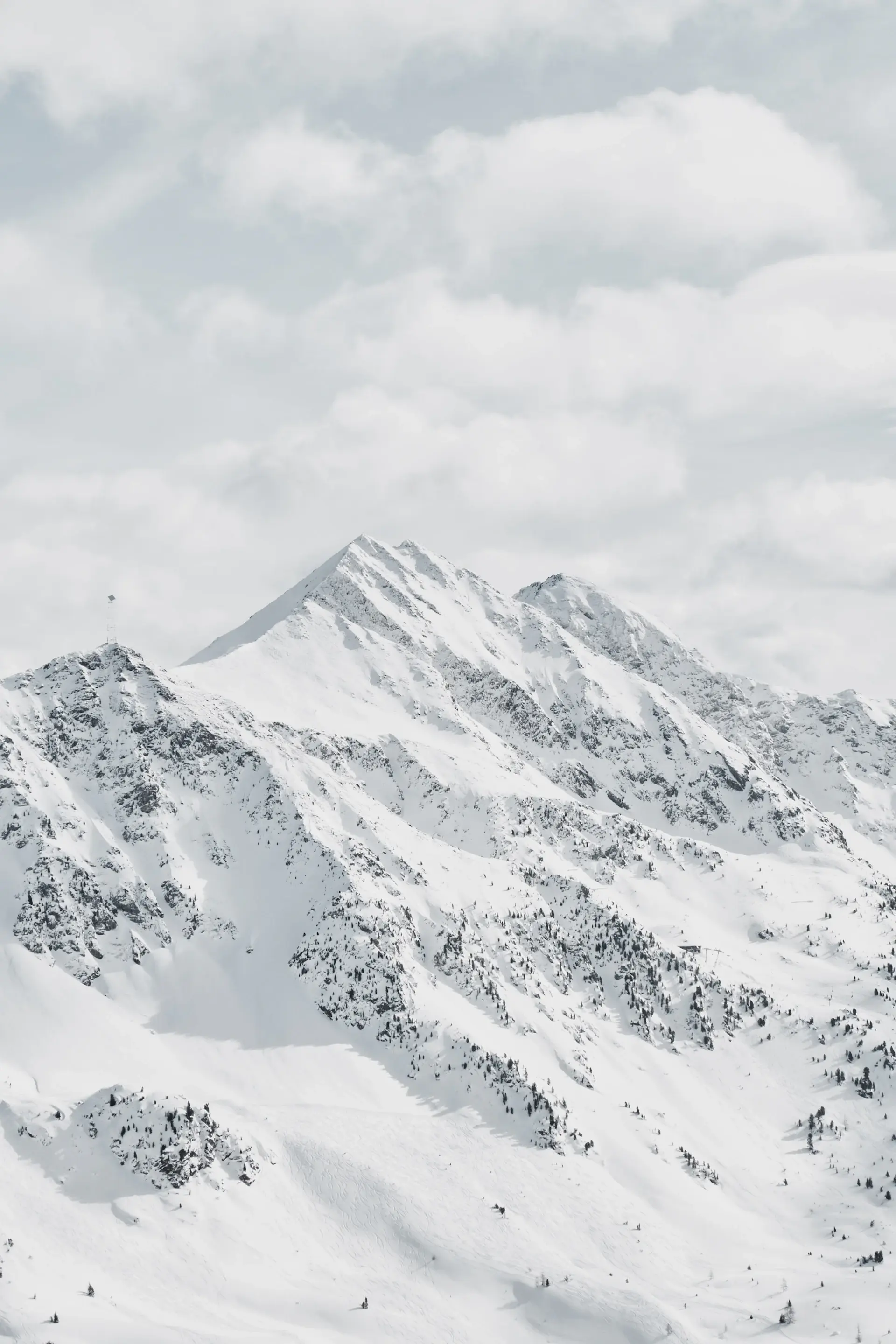 An untouched snowfield stretching beneath pale winter peaks