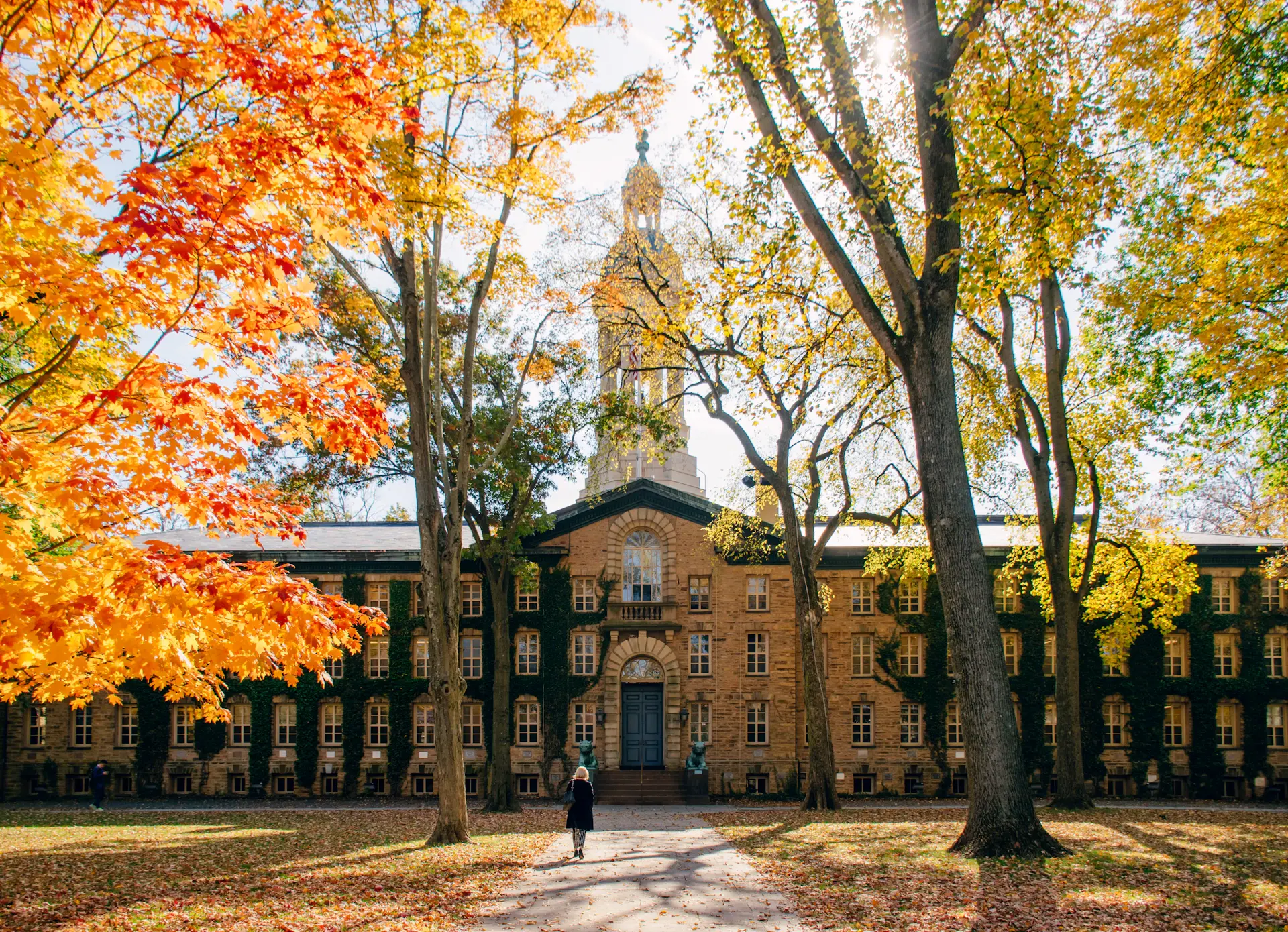 Ivy League campus quad with autumn foliage