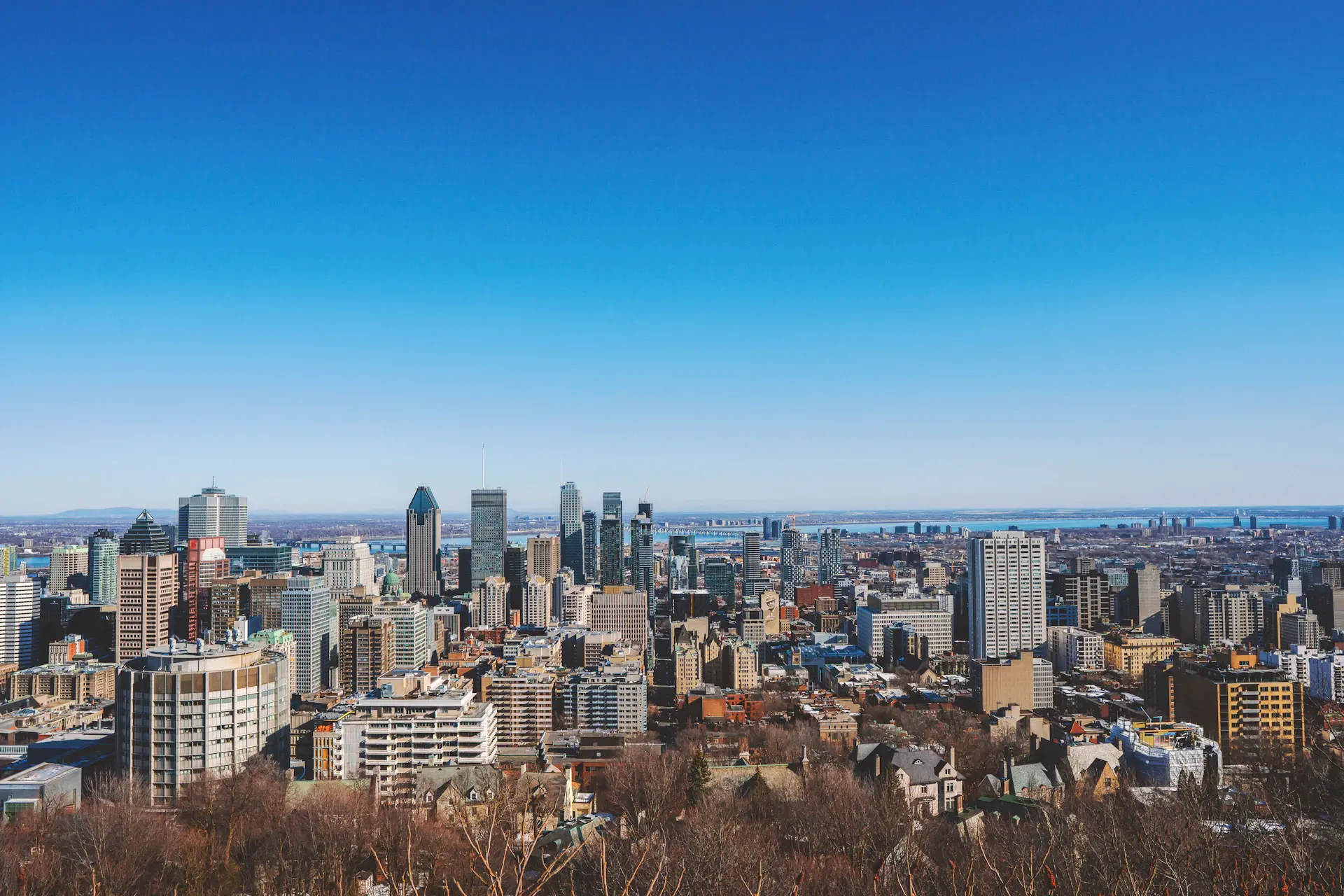 Lecture hall with city skyline view