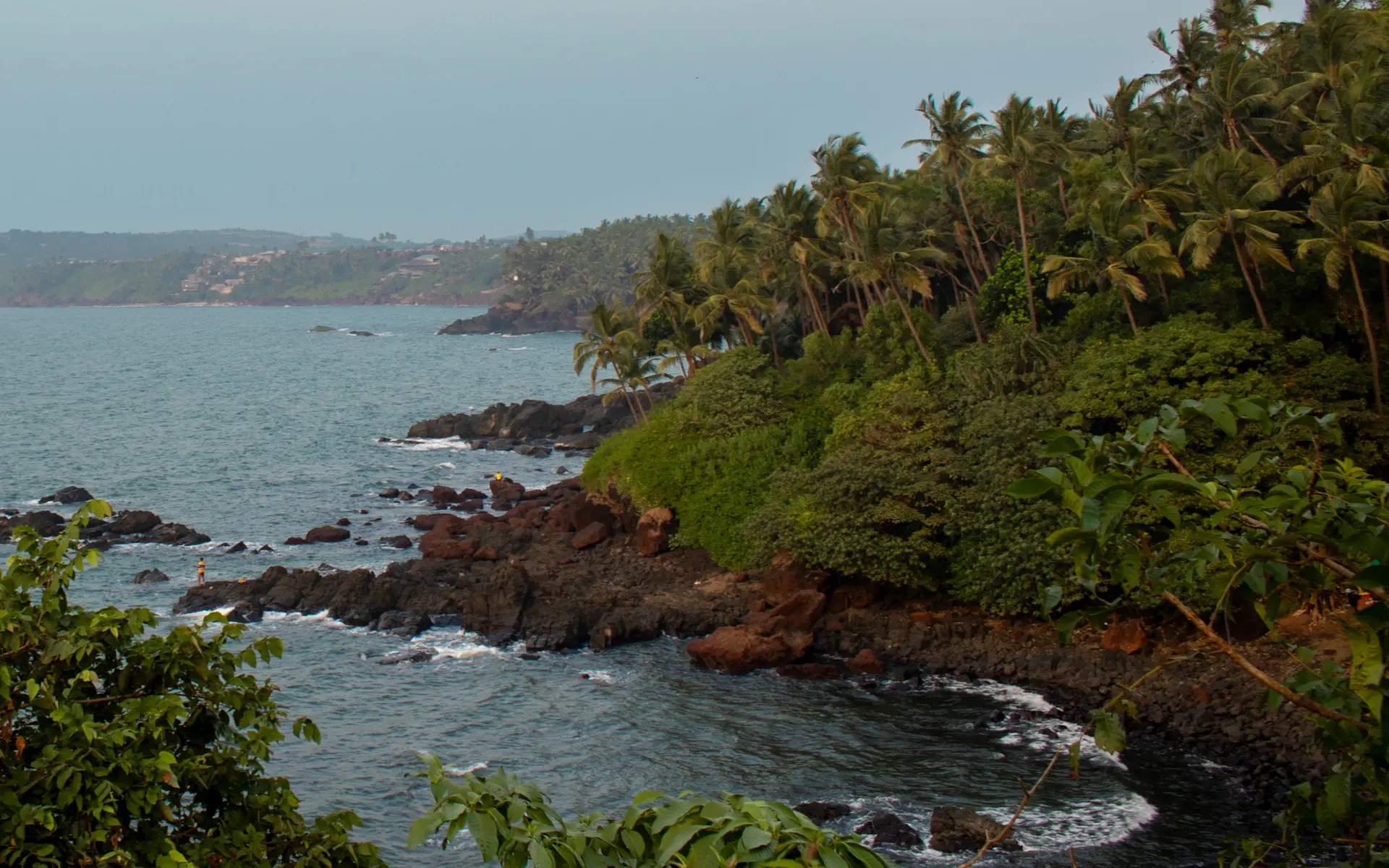 Lush green coastline under heavy monsoon clouds